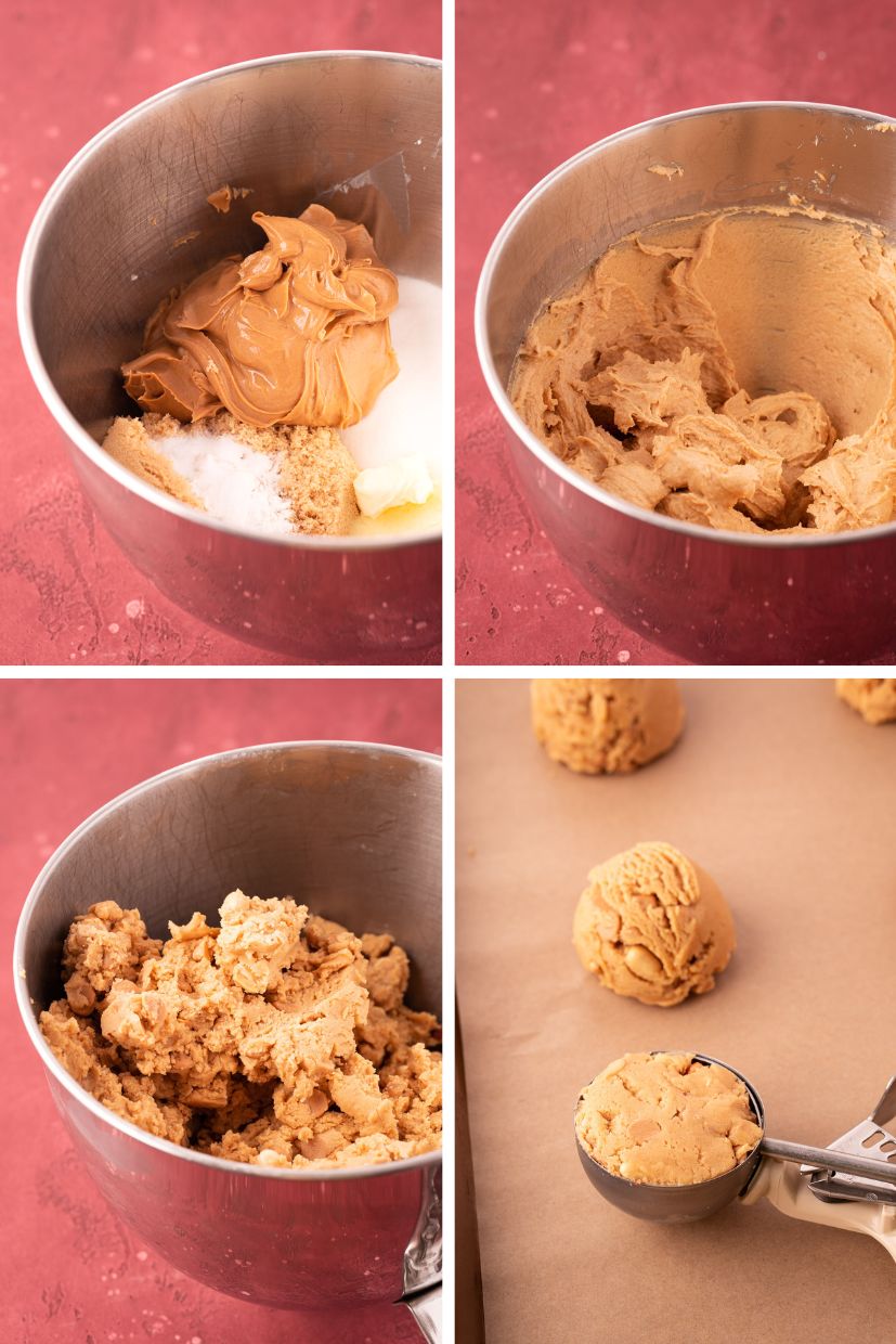 Step by step photo collage showing how to make triple peanut butter cookies.