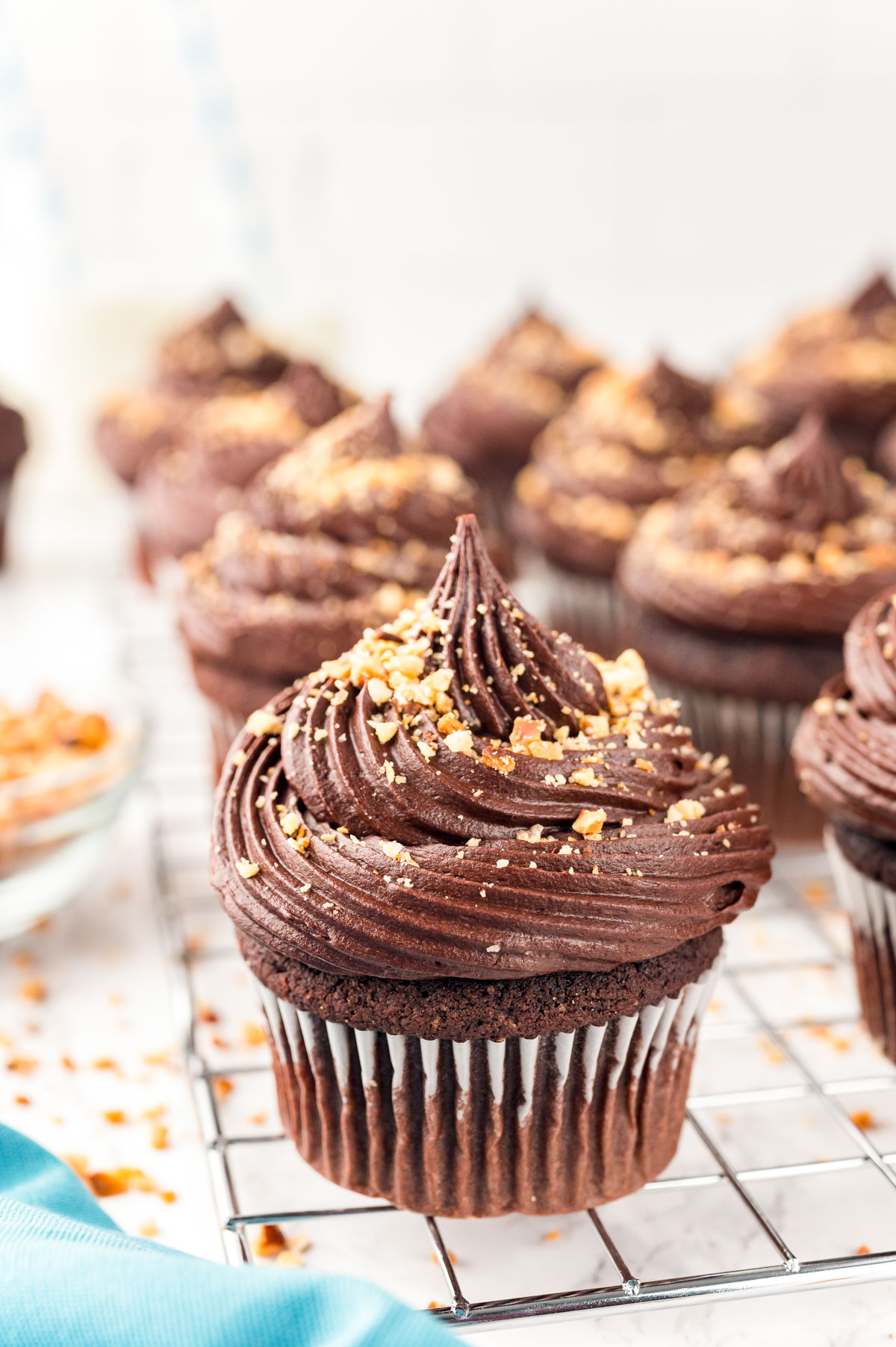 Close up of chocolate hazelnut nutella cupcakes on a wire rack.