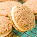Close up of banana oatmeal cream pies on a wire rack.