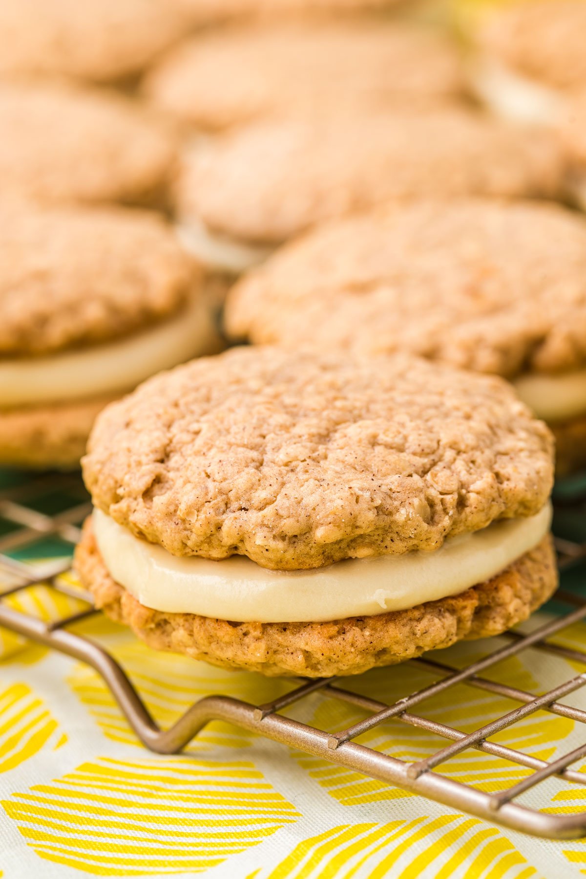 Banana Oatmeal Cream Pies on a wire rack.