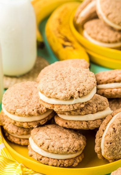 Oatmeal Banana Cream Pies piled on a yellow plate.