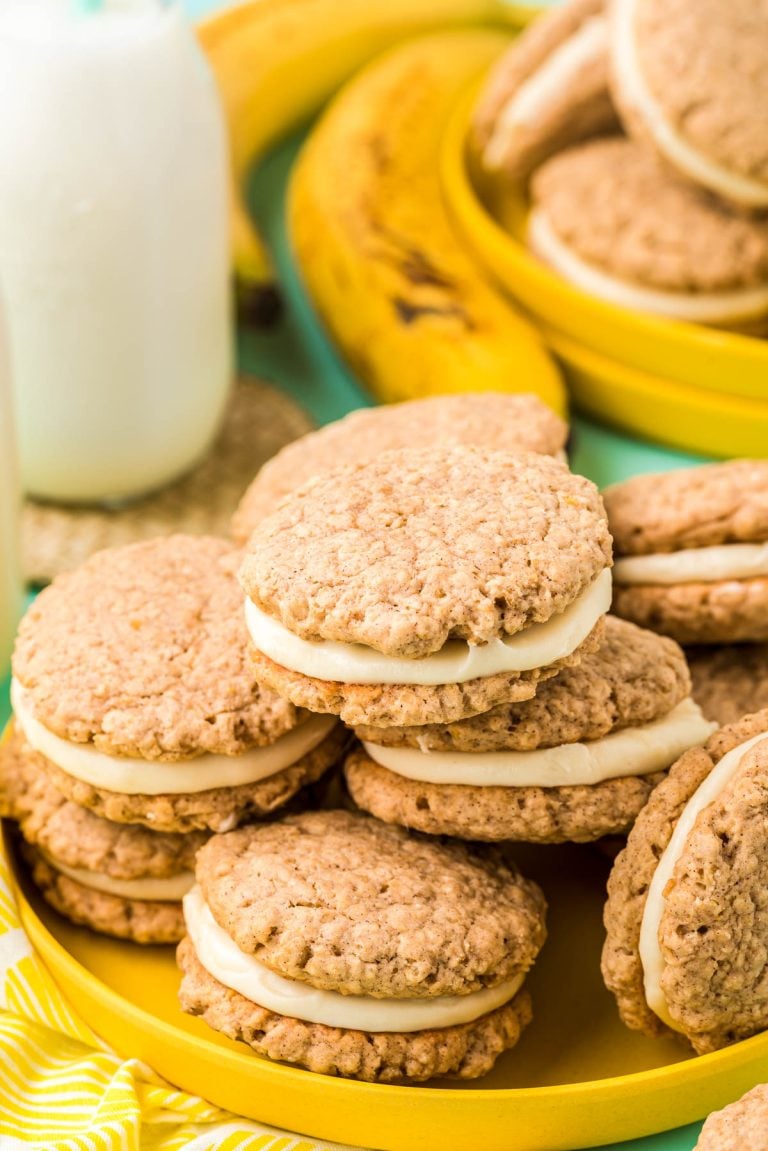 Oatmeal Banana Cream Pies piled on a yellow plate.