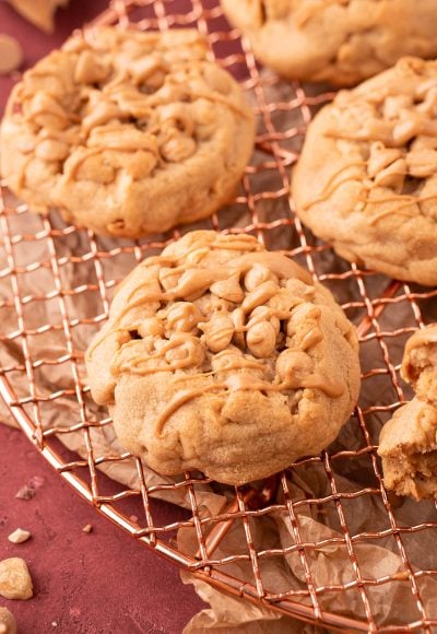 Bakery-Style Triple Peanut Butter Cookies on a copper wire rack.