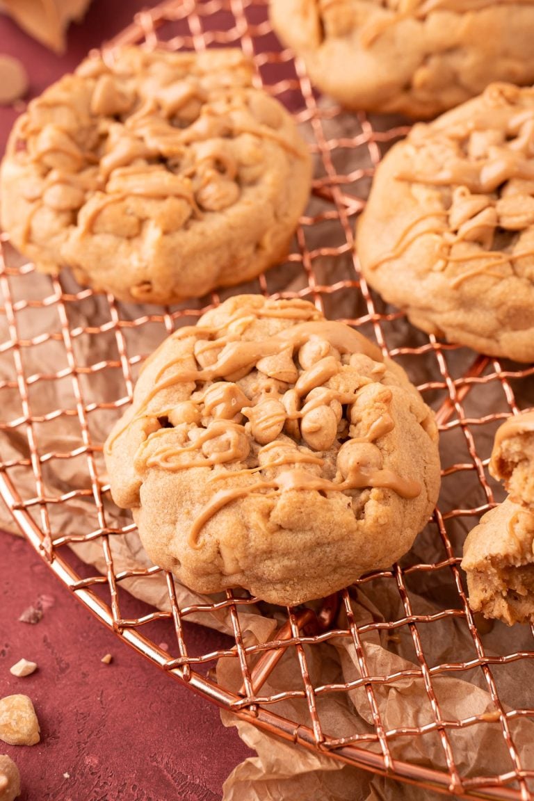 Bakery-Style Triple Peanut Butter Cookies on a copper wire rack.