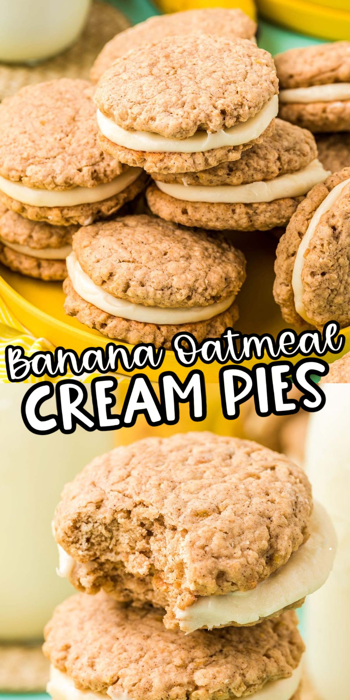 Banana Oatmeal Cream Pies combine ripened bananas with pantry staple ingredients and a 5-ingredient fluffy vanilla cream cheese frosting! Ready to enjoy in under an hour! via @sugarandsoulco