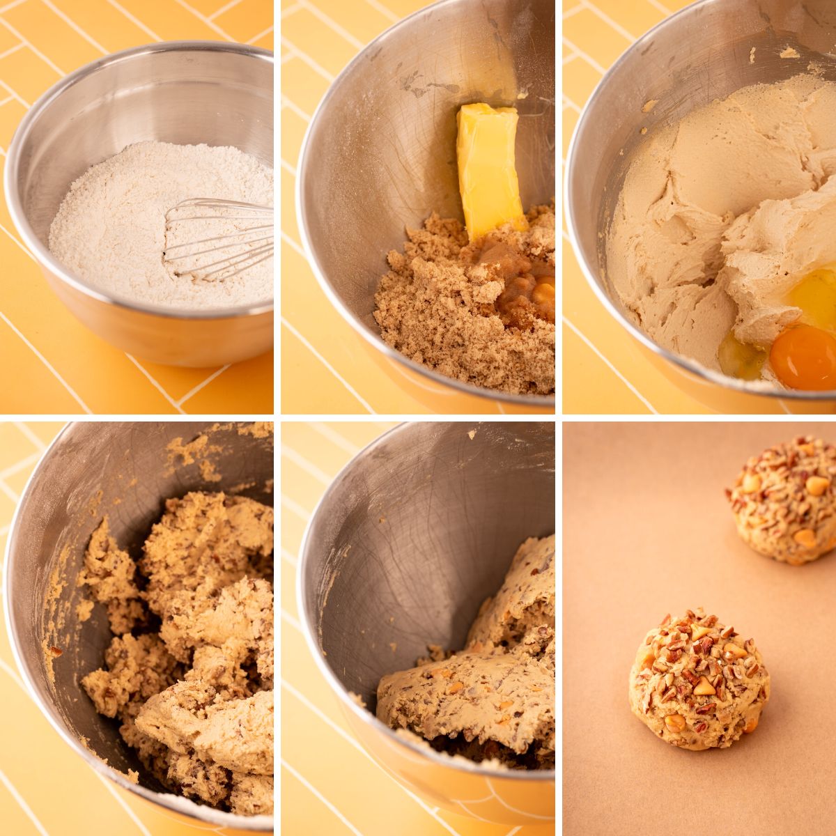 Step-by-step photo collage showing how to make Butter Pecan Cookies.