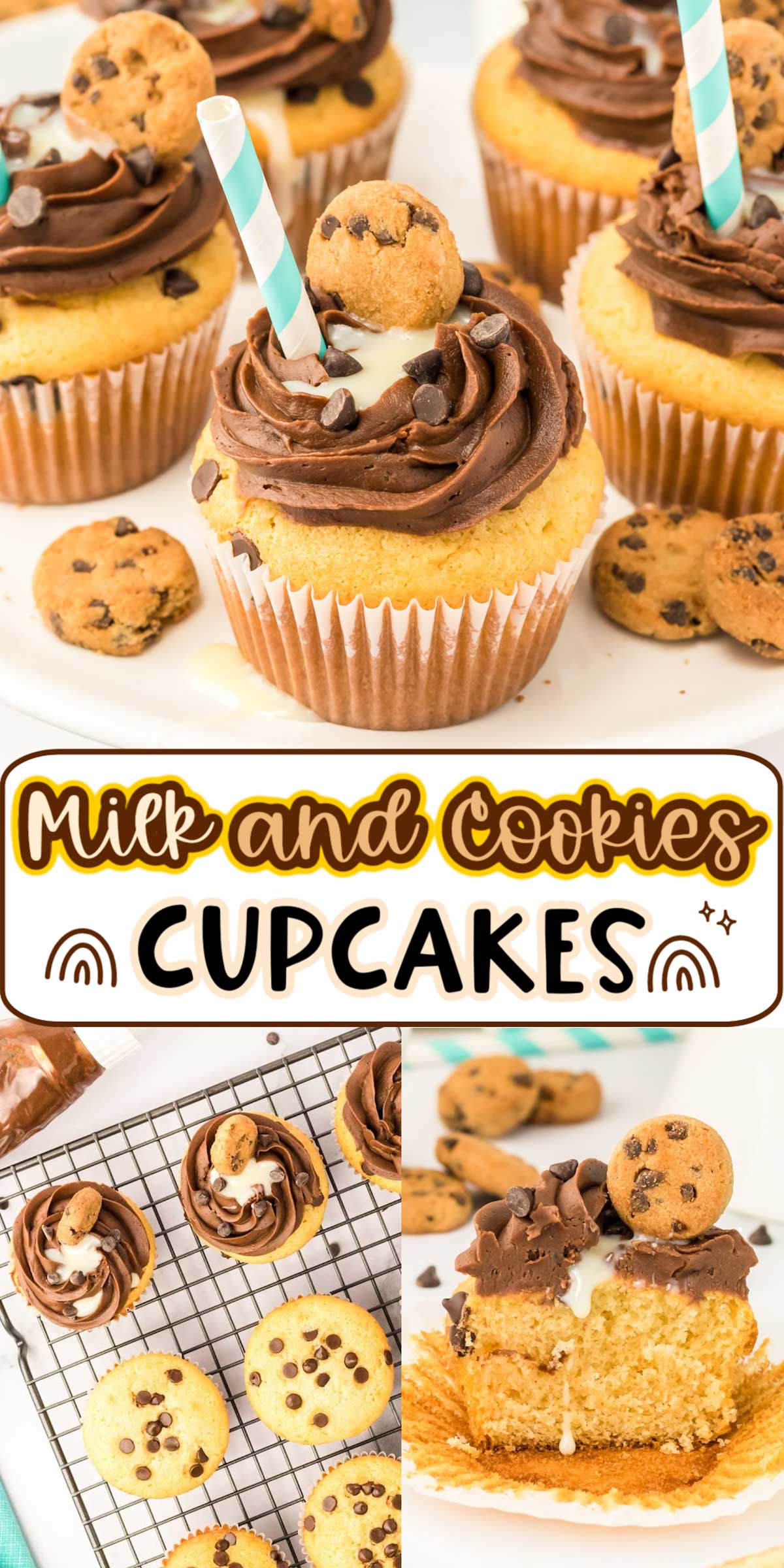 These fun Milk and Cookies Cupcakes are topped with homemade chocolate frosting, sweetened condensed milk, and a mini chocolate chip cookie! Guaranteed to be the center of attention at every party! via @sugarandsoulco