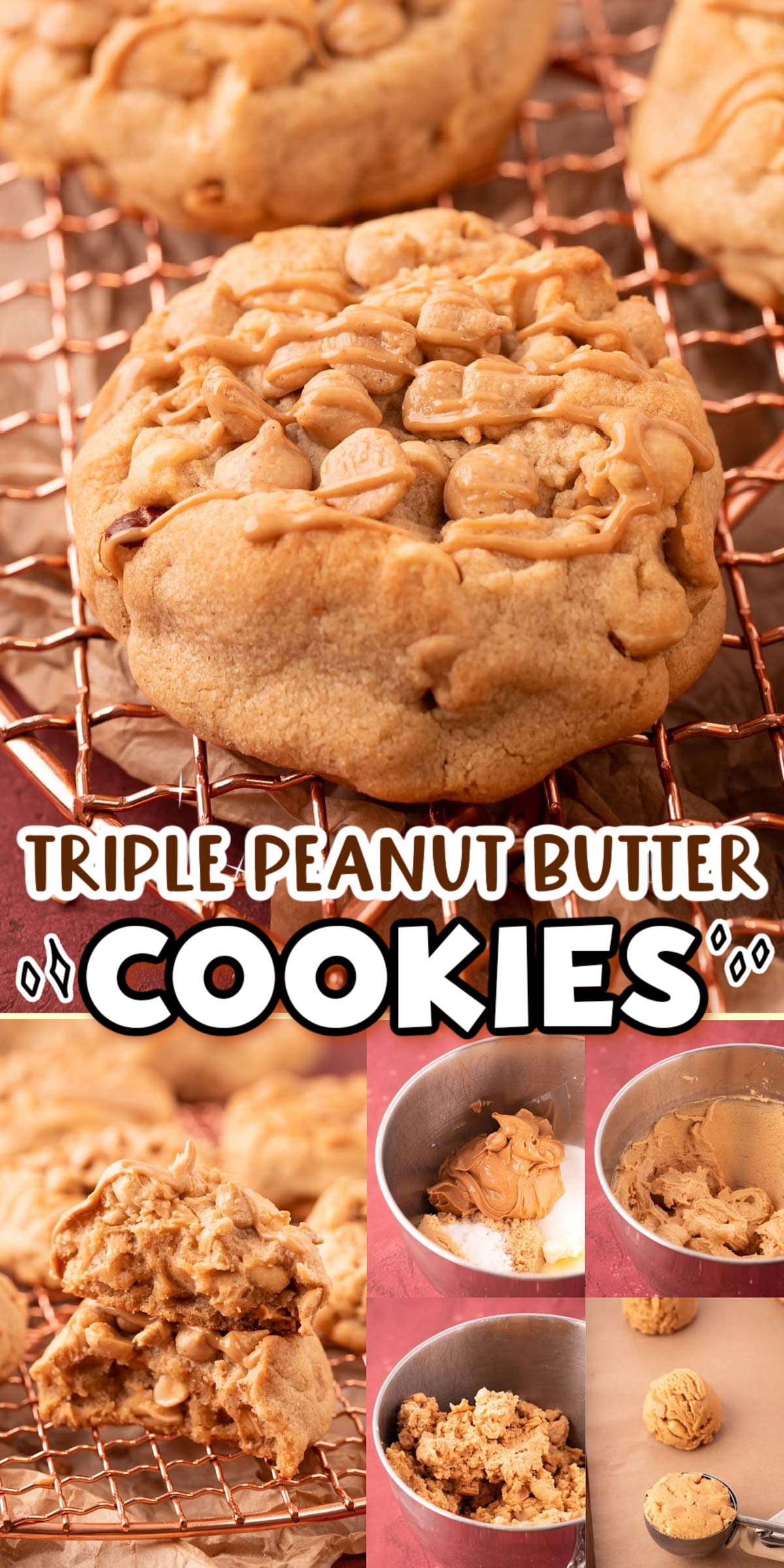 Bakery-Style Triple Peanut Butter Cookies are loaded with creamy peanut butter, crunchy roasted peanuts, and sweet Reese's Peanut Butter Chips! via @sugarandsoulco