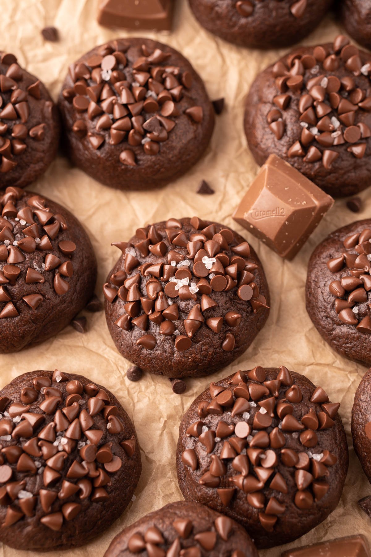 Chocolate Caramel Cookies on a piece of parchment paper.