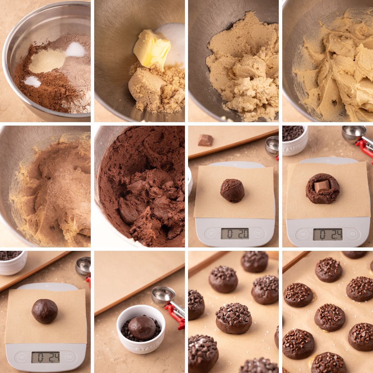 Step by step photo collage showing how to make chocolate cookies stuffed with caramel chocolates.