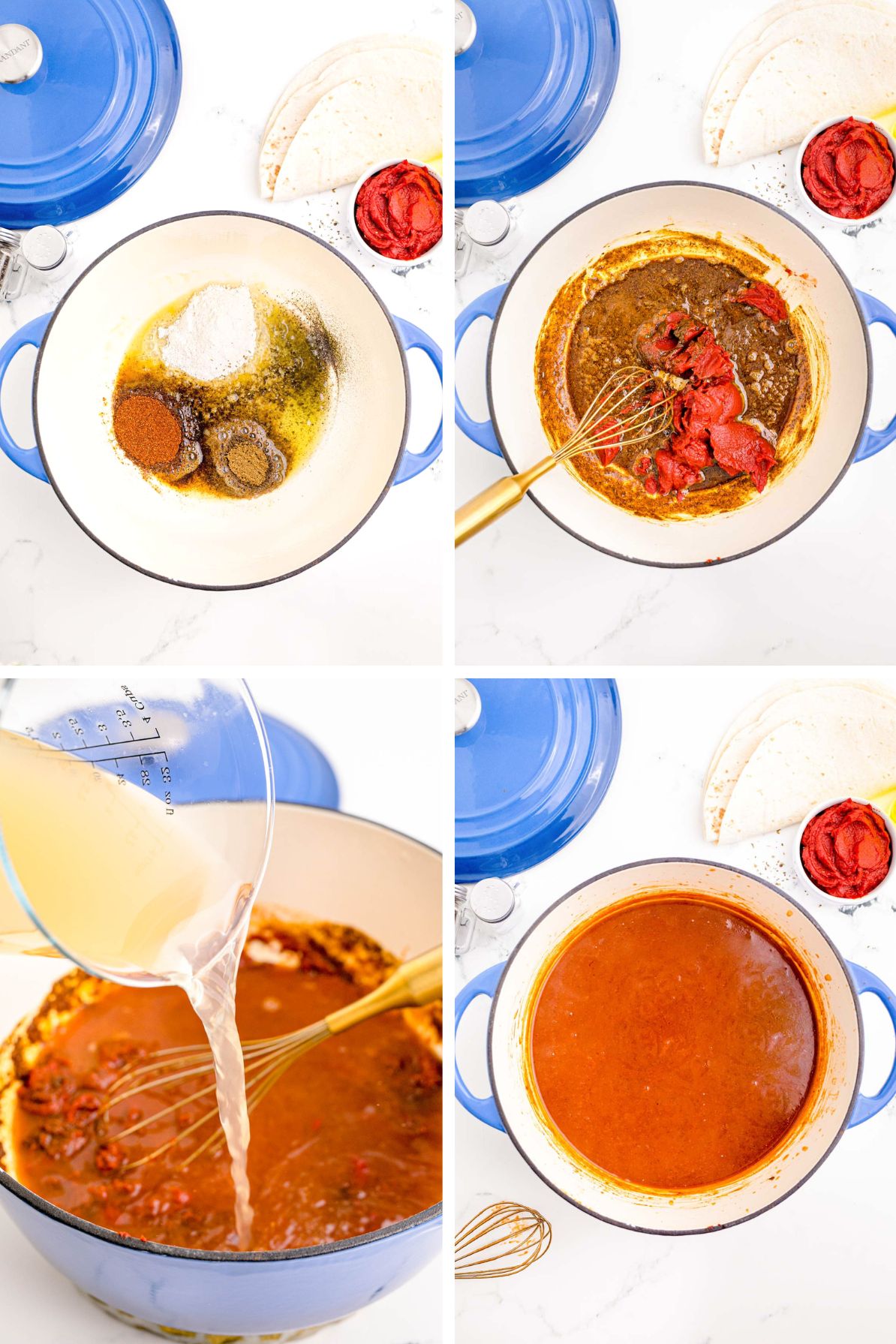 Photo collage showing how to make homemade enchilada sauce.