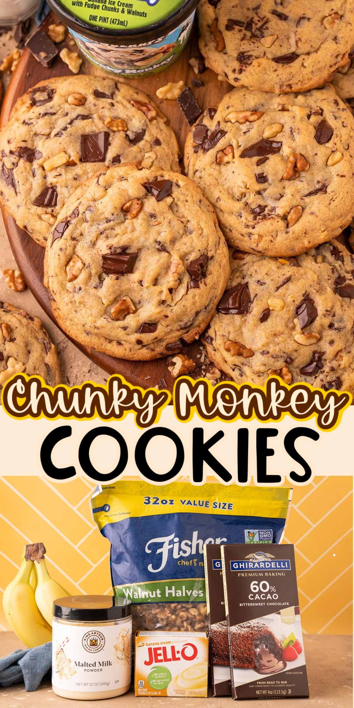 These Chunky Monkey Cookies are tender and delicious bakery-style cookies inspired by the famous Ben & Jerry's Ice Cream and loaded with banana flavor, chocolate chunks, and chopped walnuts! Ready in under 30 minutes! via @sugarandsoulco