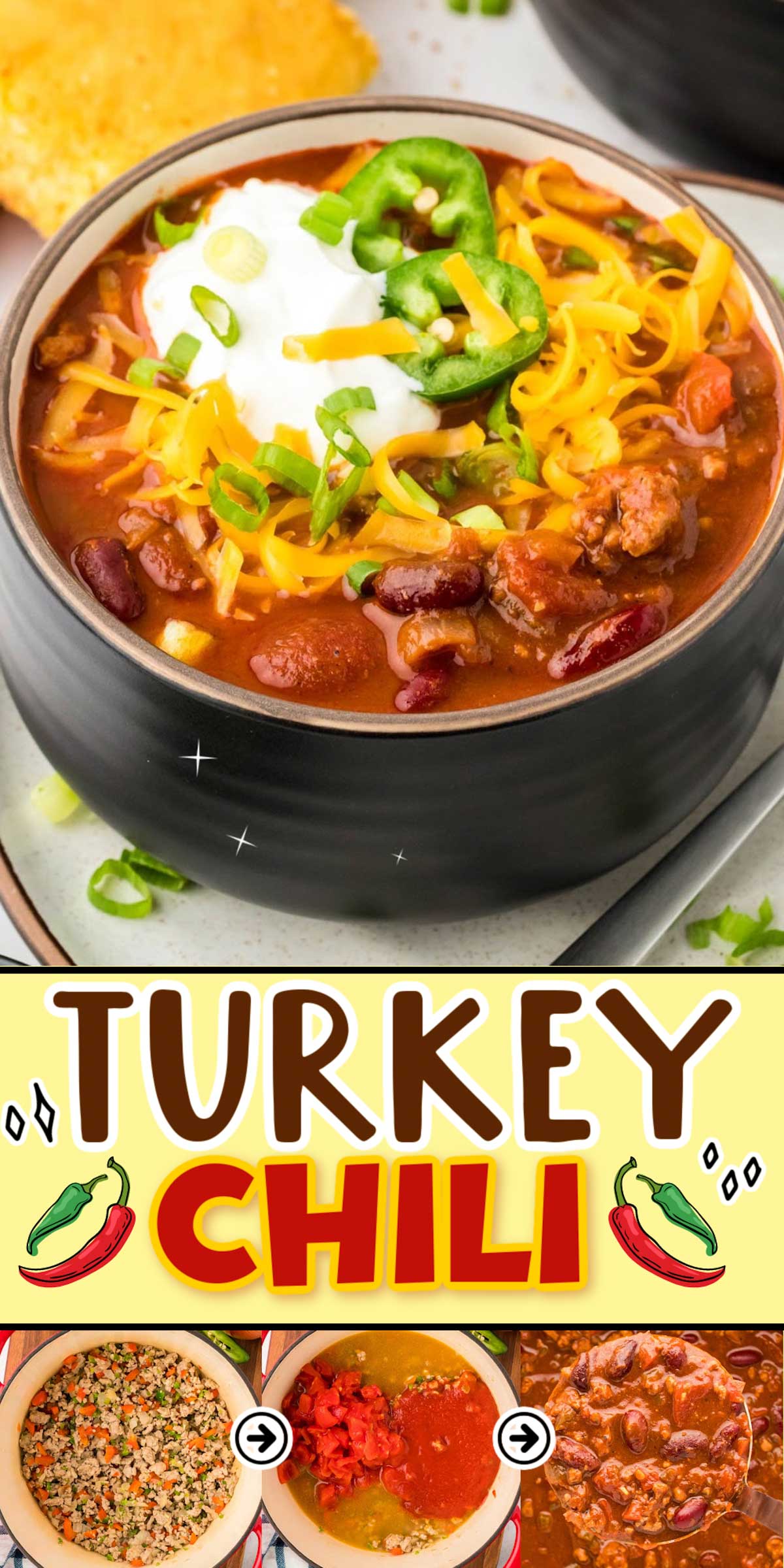 This easy Turkey Chili comes together in just 1 hour with lean ground turkey, beans, and veggies, and a SECRET INGREDIENT that enhances the flavors in this delicious dish that's perfect for dinner and game days. via @sugarandsoulco
