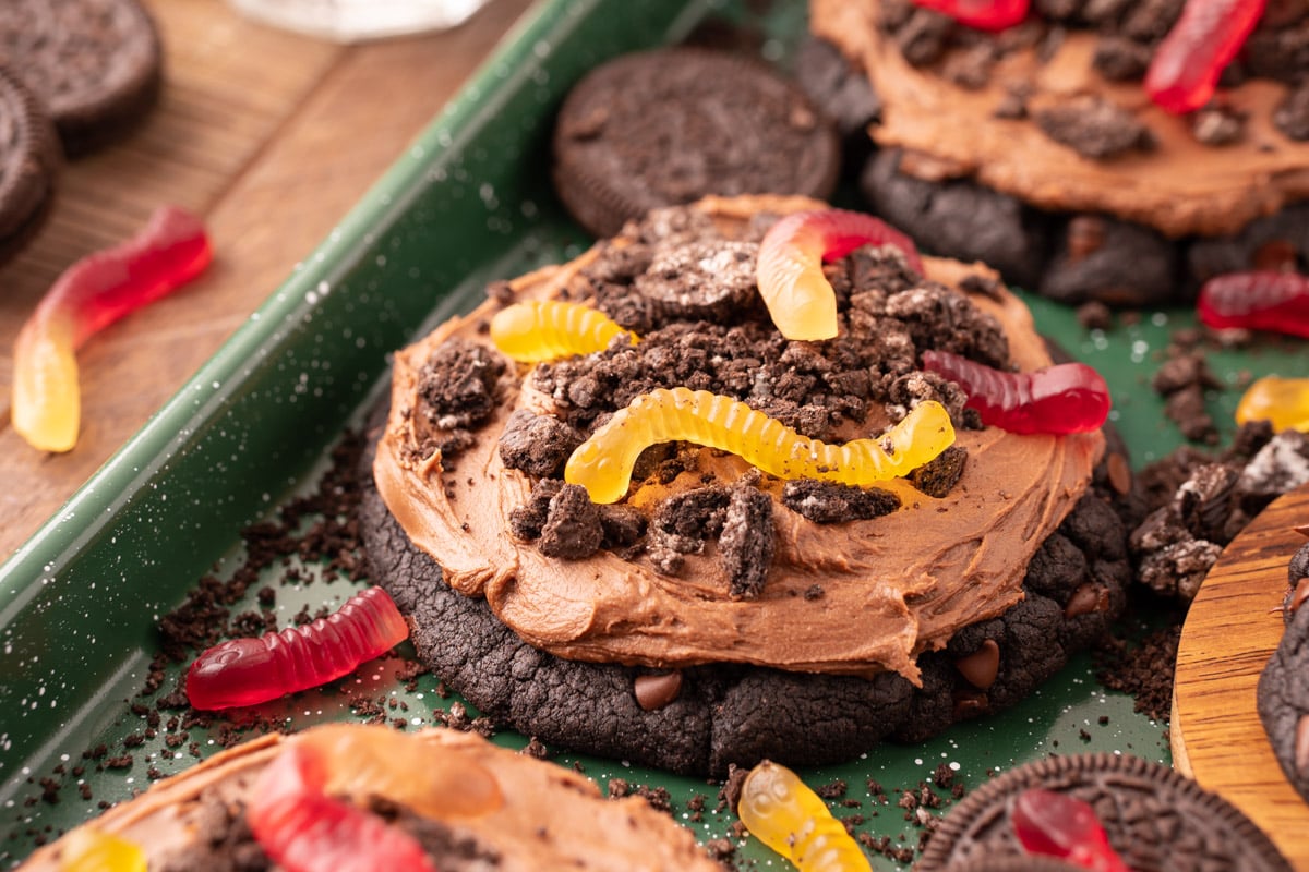 Dirt Cake Cookies on a green baking sheet.