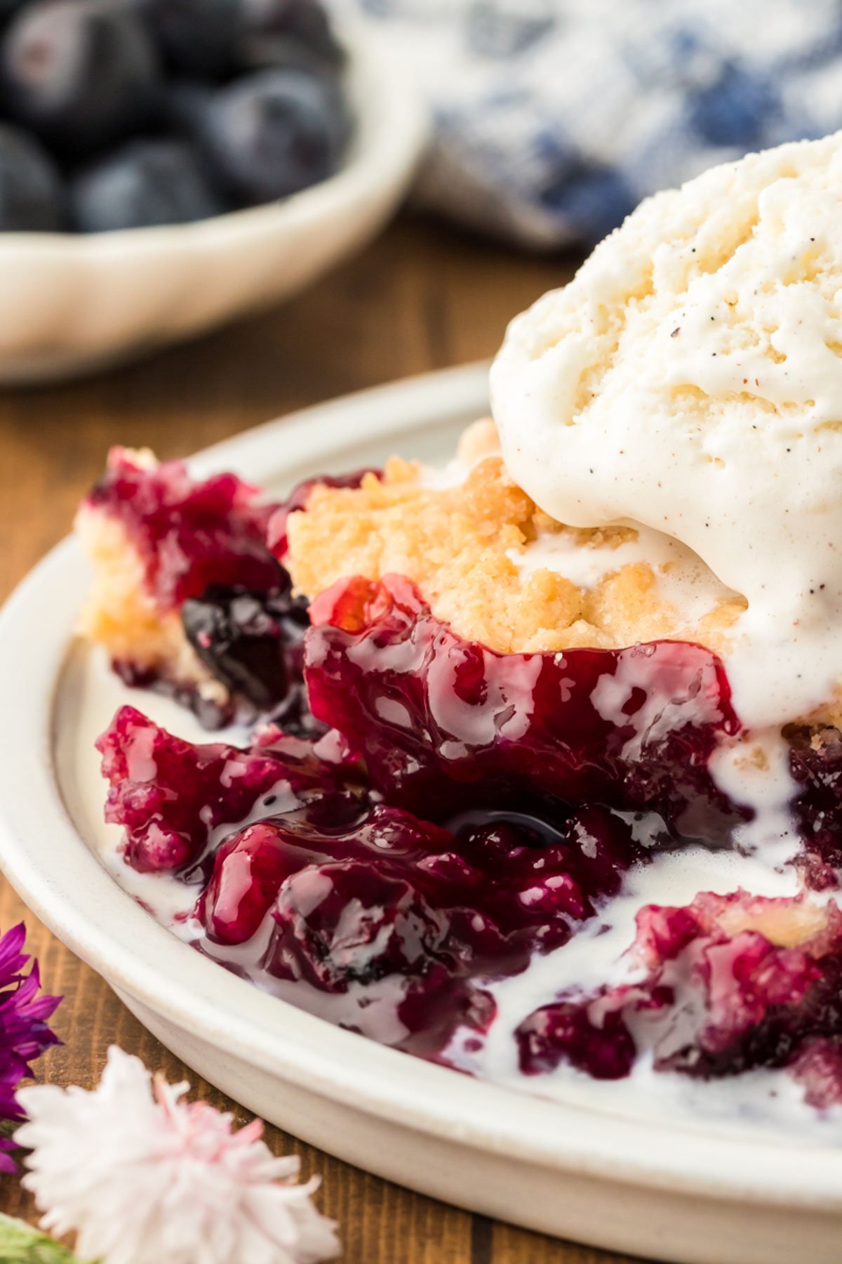 Close up of a serving of blueberry cobbler topped with vanilla ice cream.