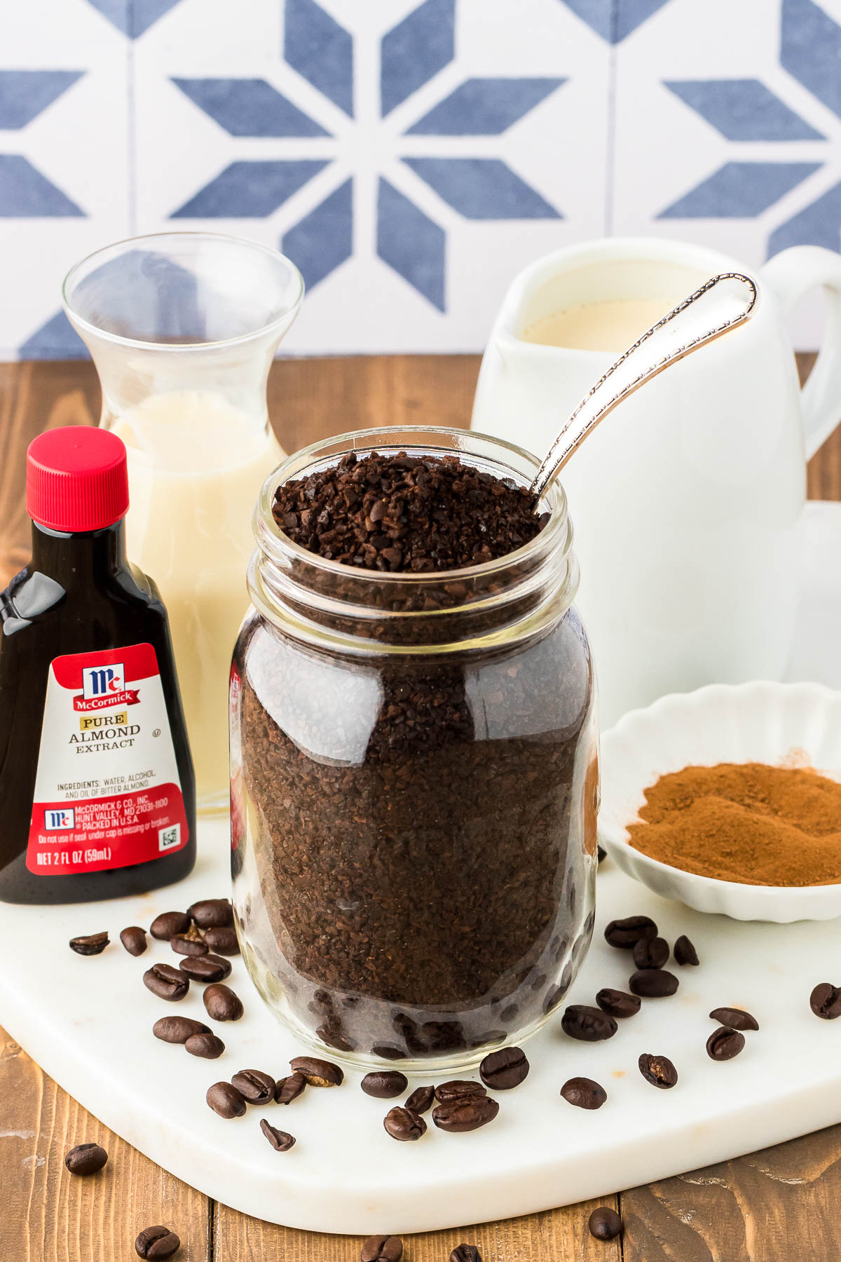 Ingredients to make Thai ice coffee on a table.