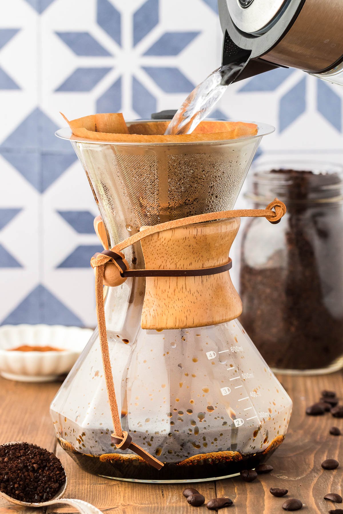 Coffee being brewed in a pour over carafe.