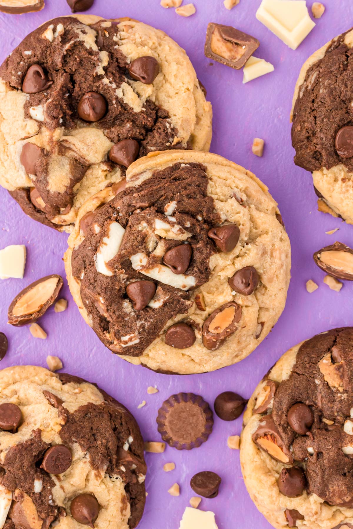 Overhead photo of kitchen sink cookies on a purple surface.