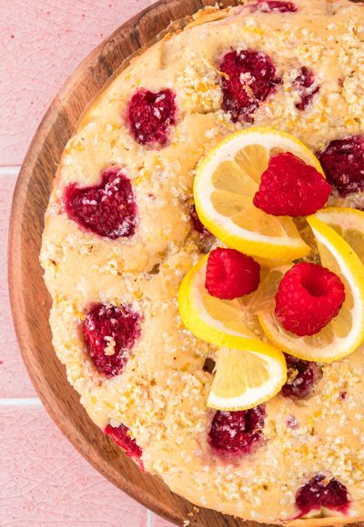 Overhead photo of lemon raspberry cake.