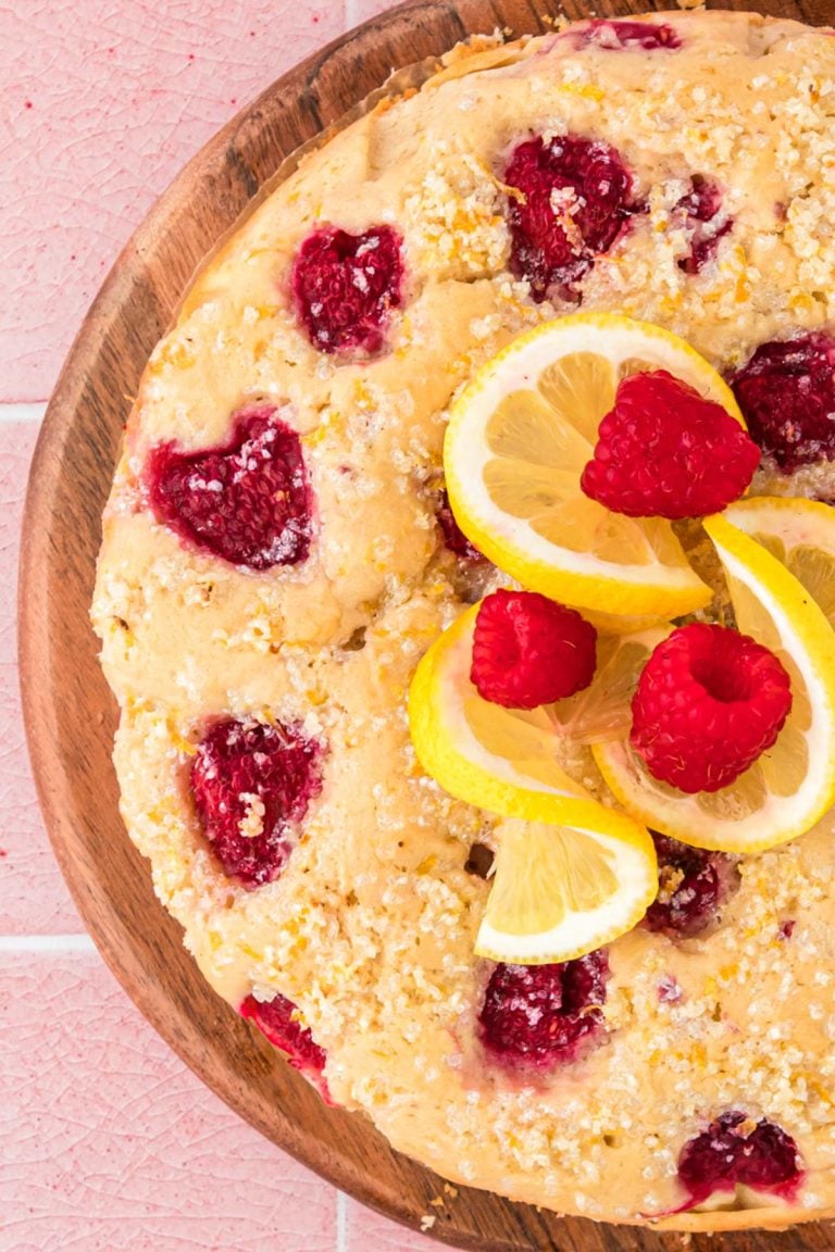 Overhead photo of lemon raspberry cake.
