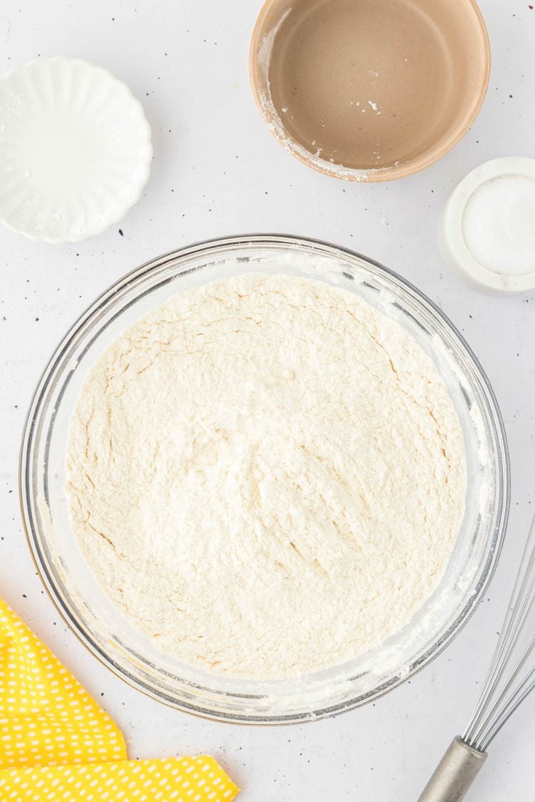 Dry ingredients whisked together in a bowl to make shortbread.