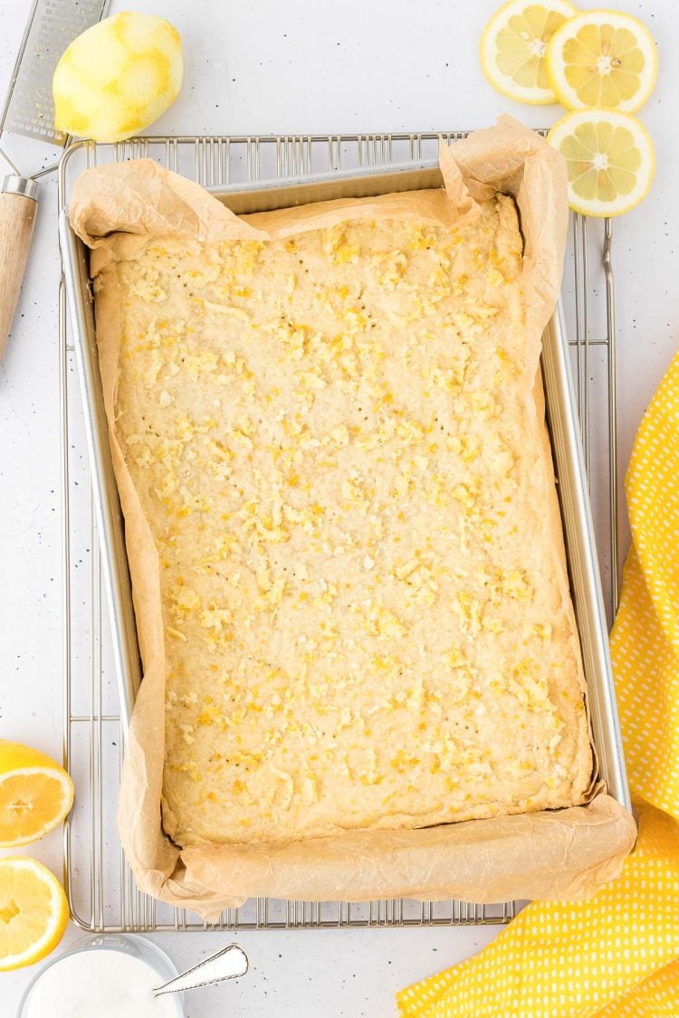 Overhead photo of a pan of lemon shortbread bars.