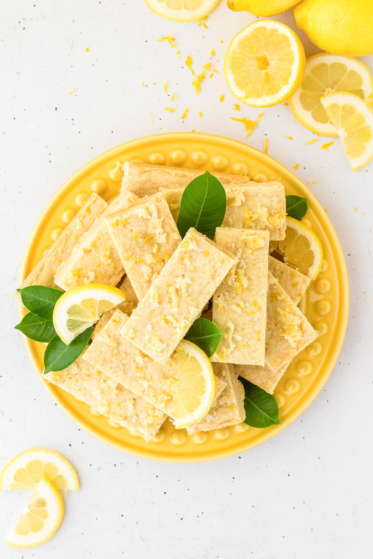 Overhead photo of a plate of lemon shortbread bars. 
