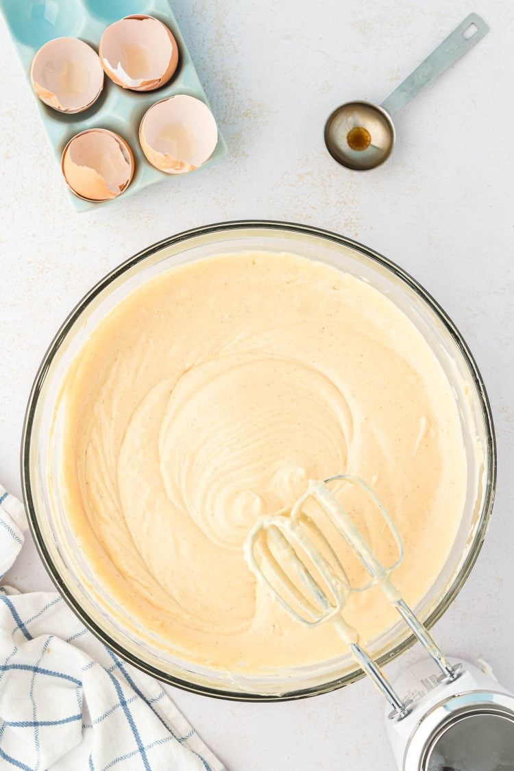 Peanut butter cheesecake filling in a bowl.