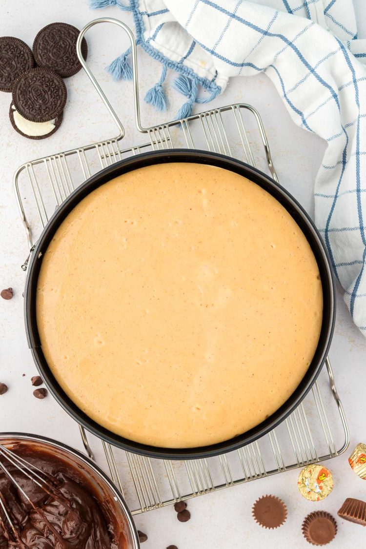 Peanut butter cheesecake  on a wire rack cooling.