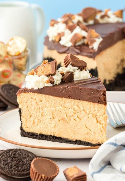 A slice of peanut butter cheesecake on a plate.