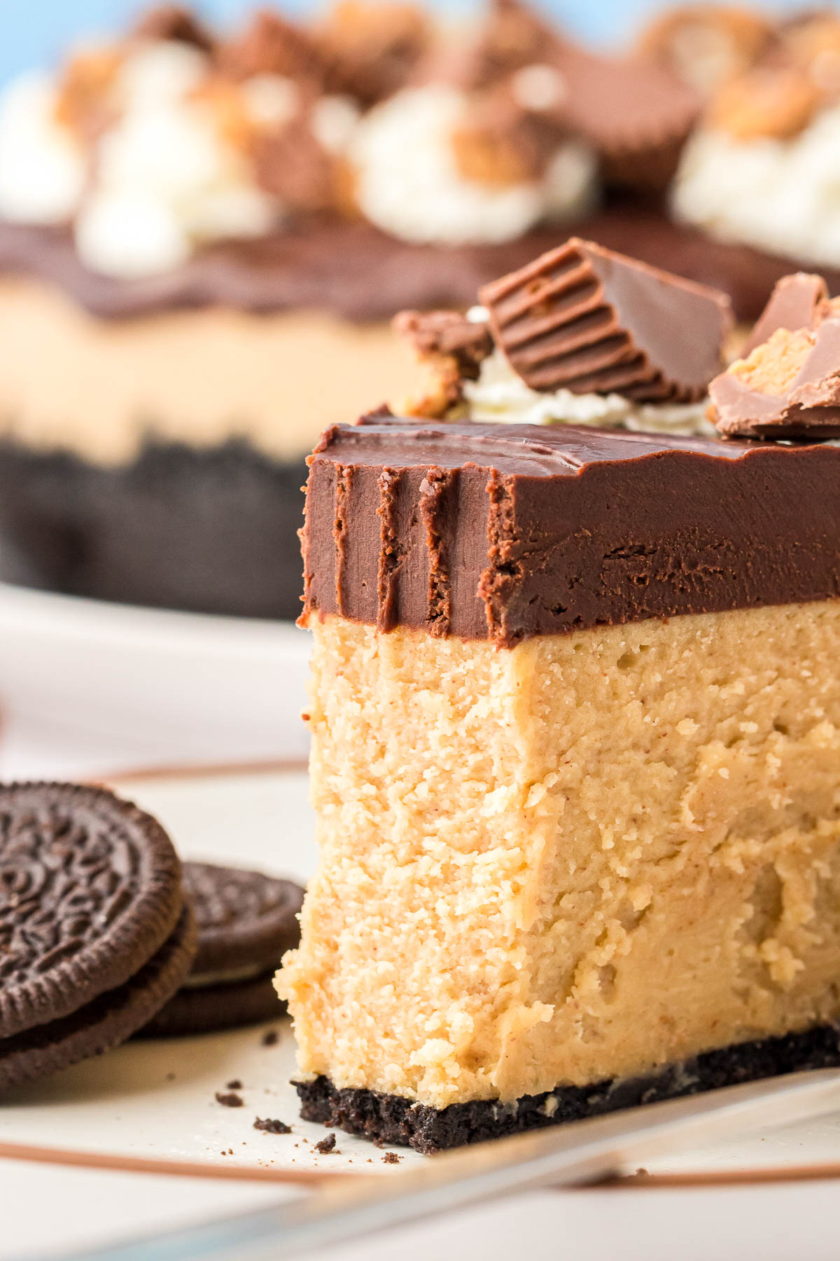 Close up of a piece of peanut butter cheesecake with a bite missing.