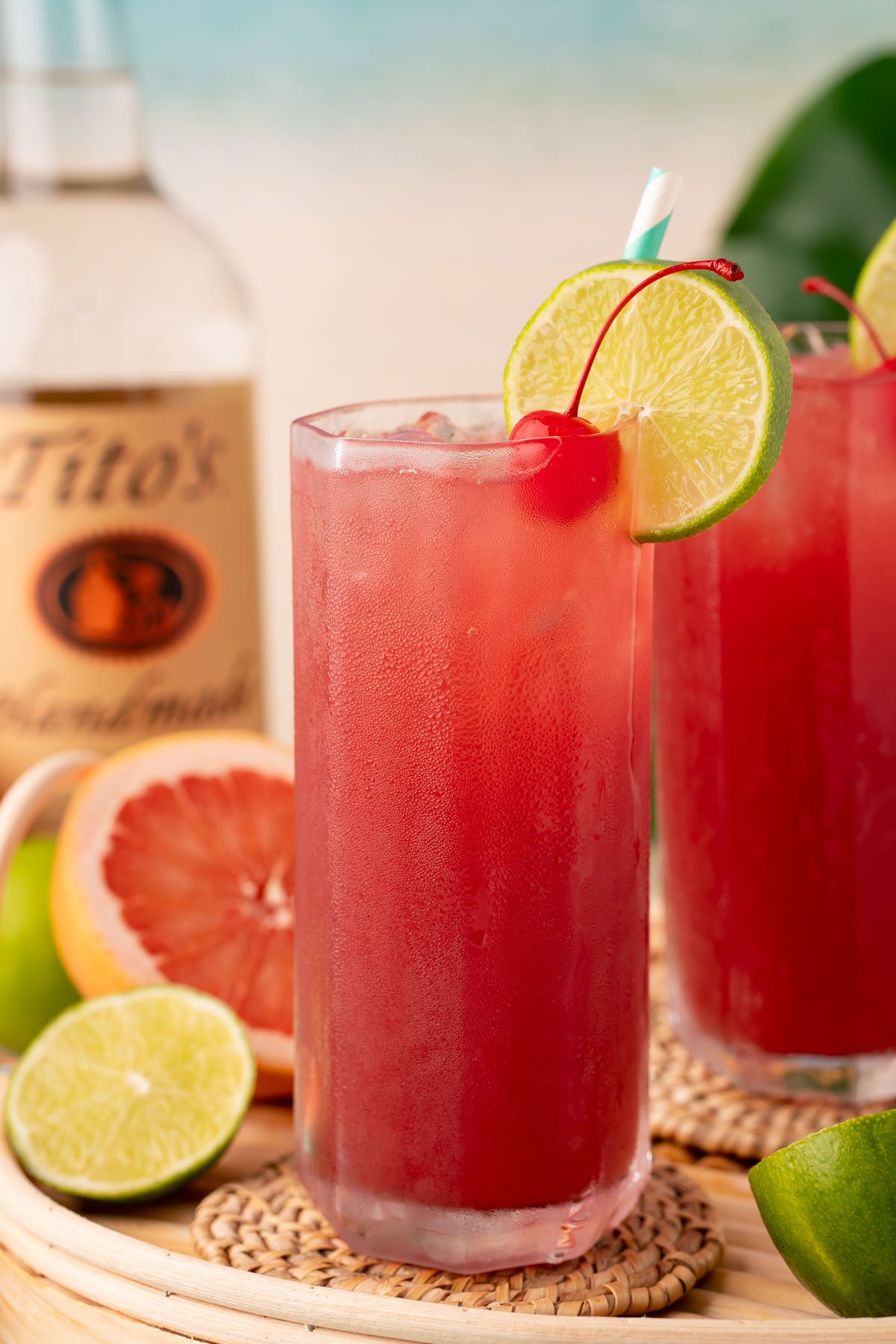 A sea breeze cocktail on a serving tray.