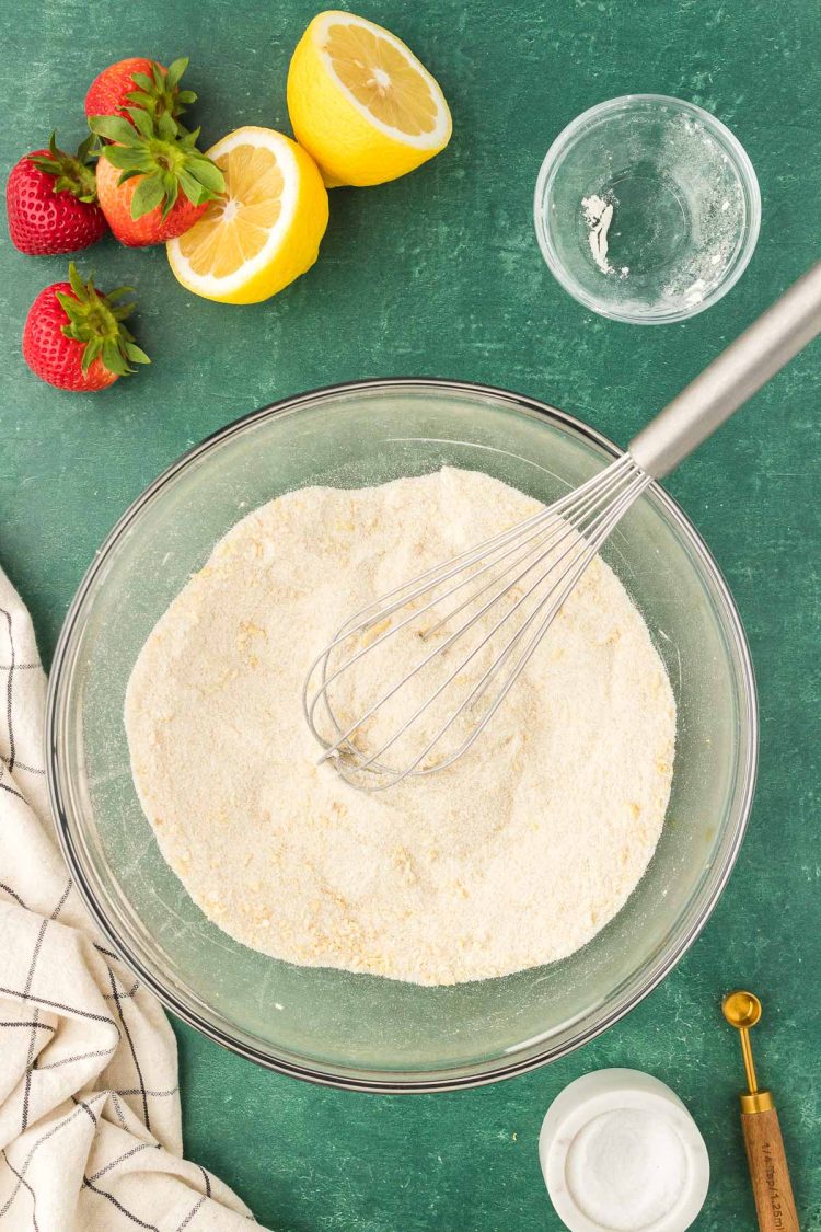 baking ingredients being whisked in a bowl.