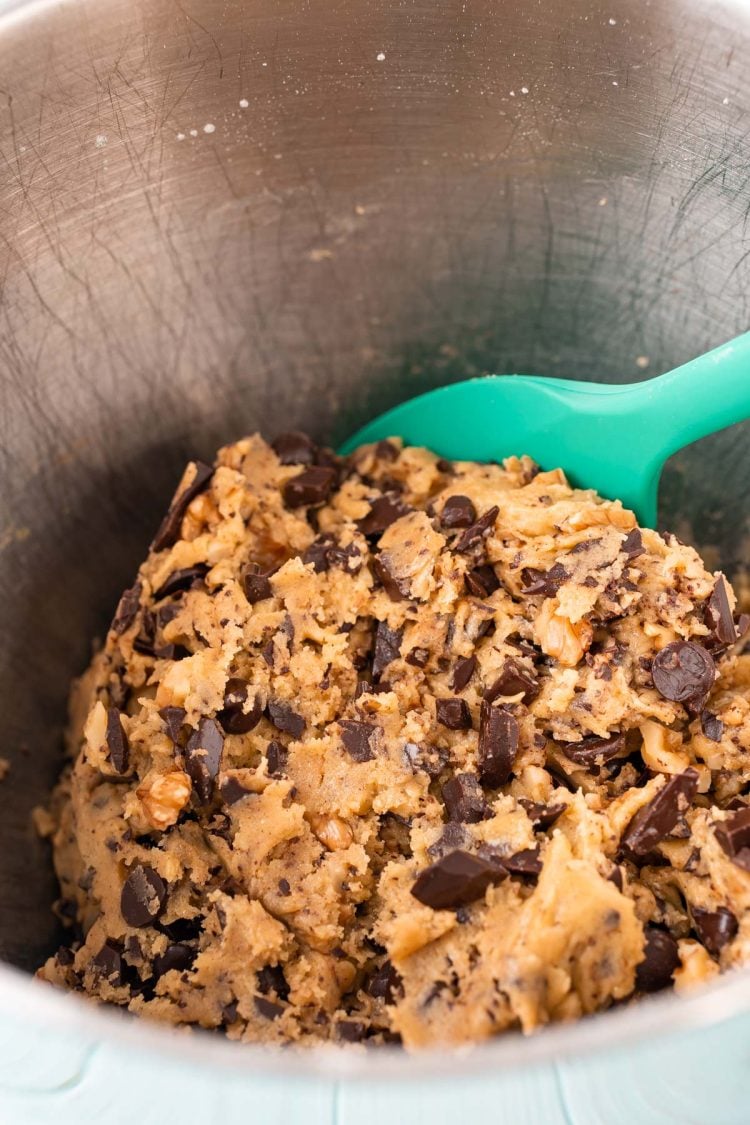 Serenity cookie dough in a metal mixing bowl.