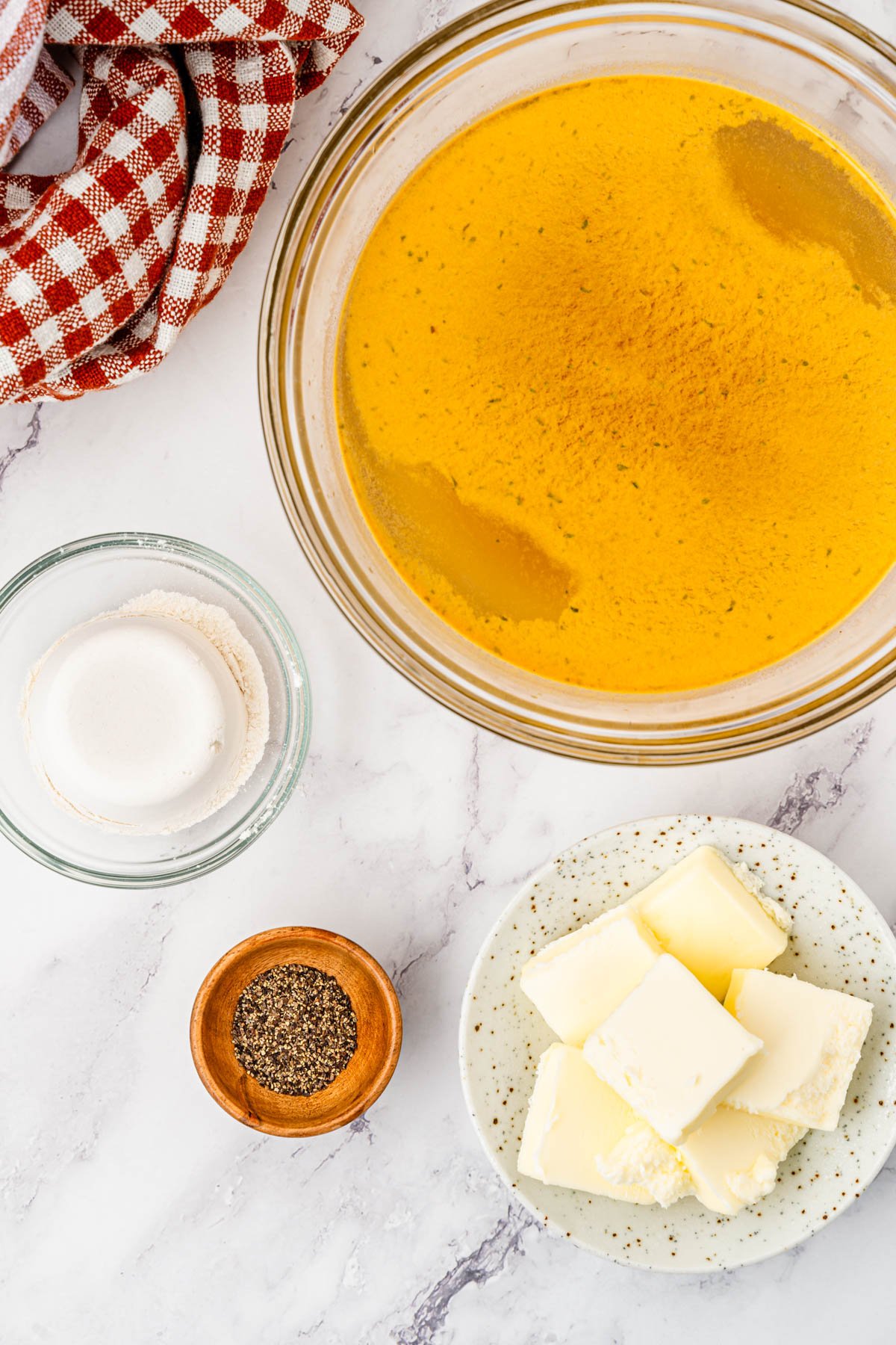 Ingredients to make turkey gravy on a table.