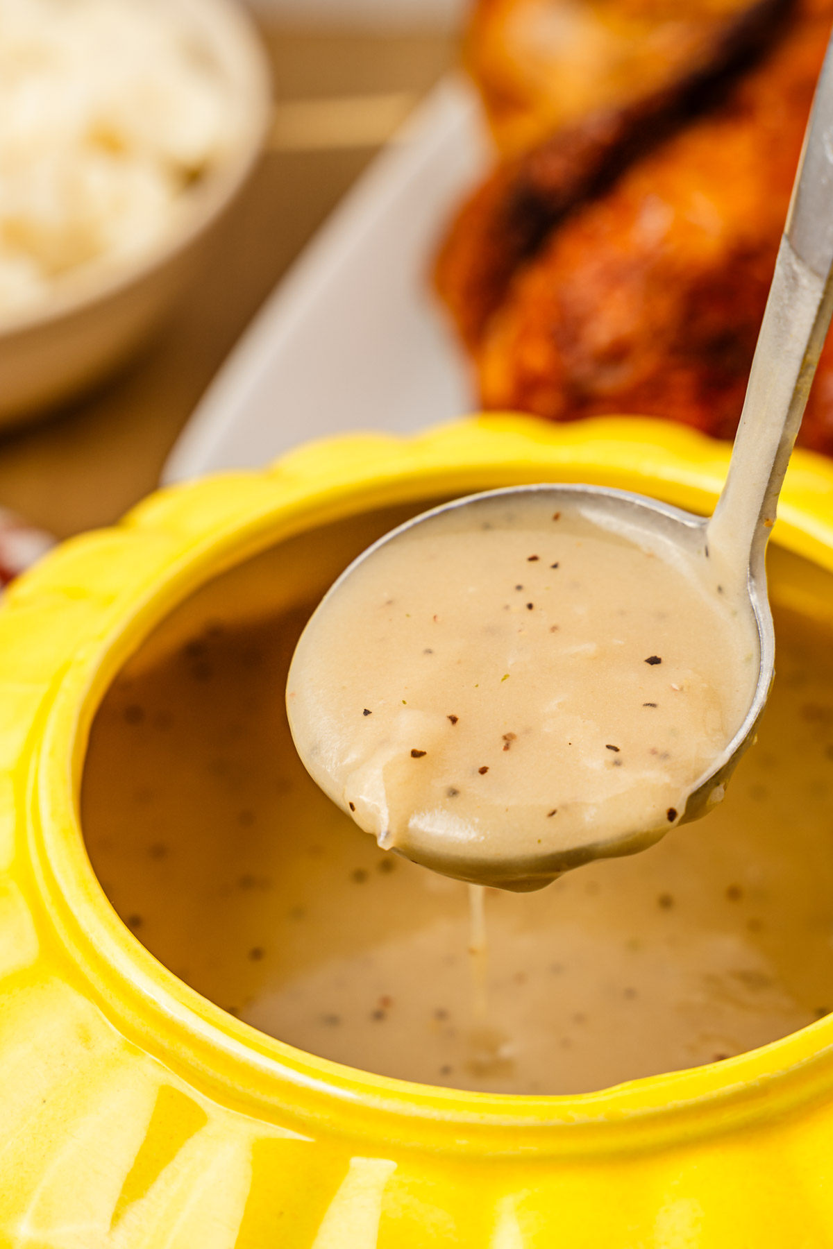 A ladle lifting gravy out of a gravy boat.