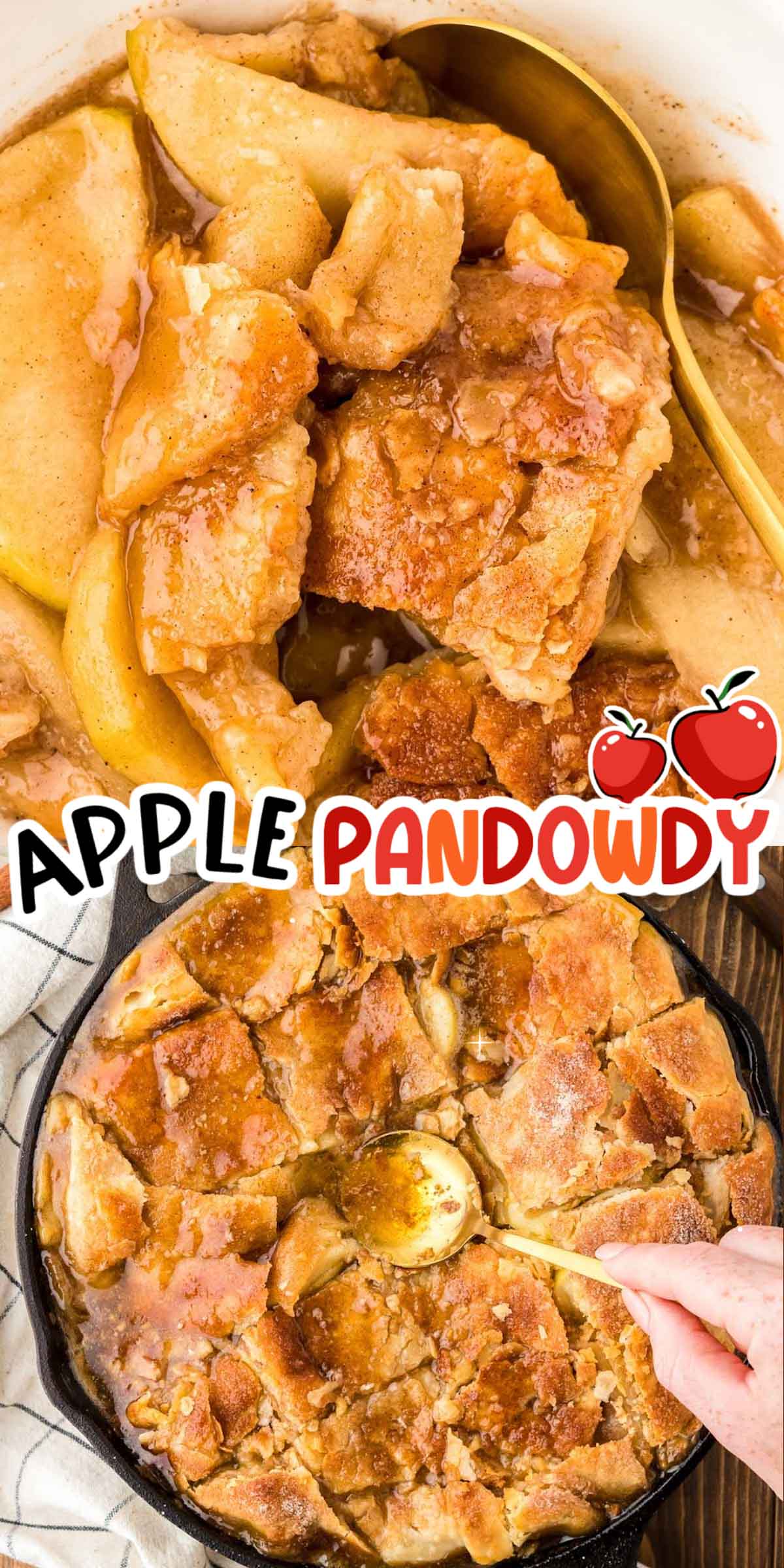 This Apple Pandowdy Recipe is loaded with sweetly spiced tender apples and covered in a pie crust that's been sprinkled with cinnamon sugar! It takes only 30 minutes to prep this baked cozy apple dessert! via @sugarandsoulco