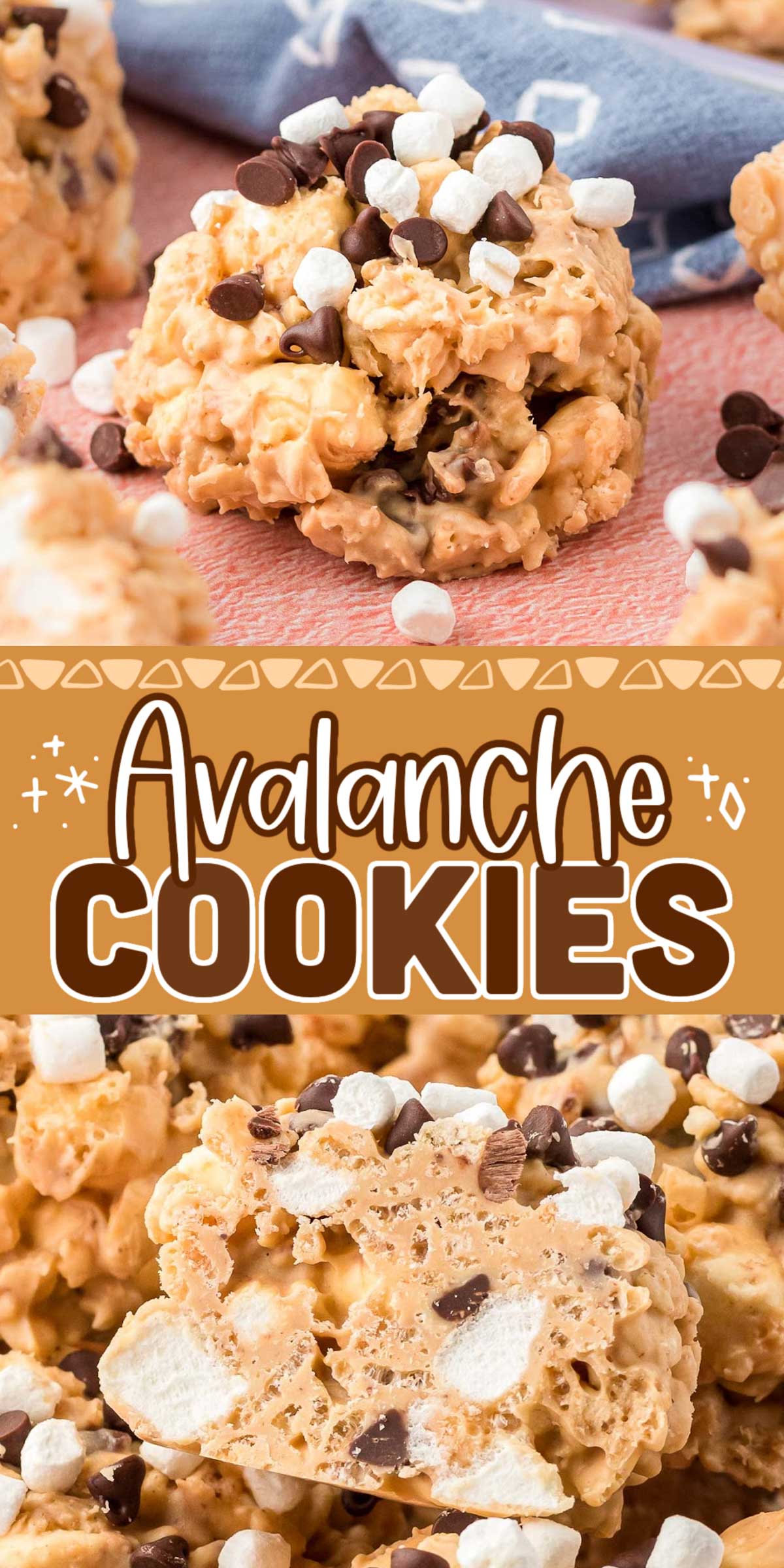 These Avalanche Cookies are a 6-ingredient no-bake treat made with Rice Krispies, peanut butter, white chocolate, marshmallows, and chocolate chips! They are super easy to make and hard to stop eating! via @sugarandsoulco