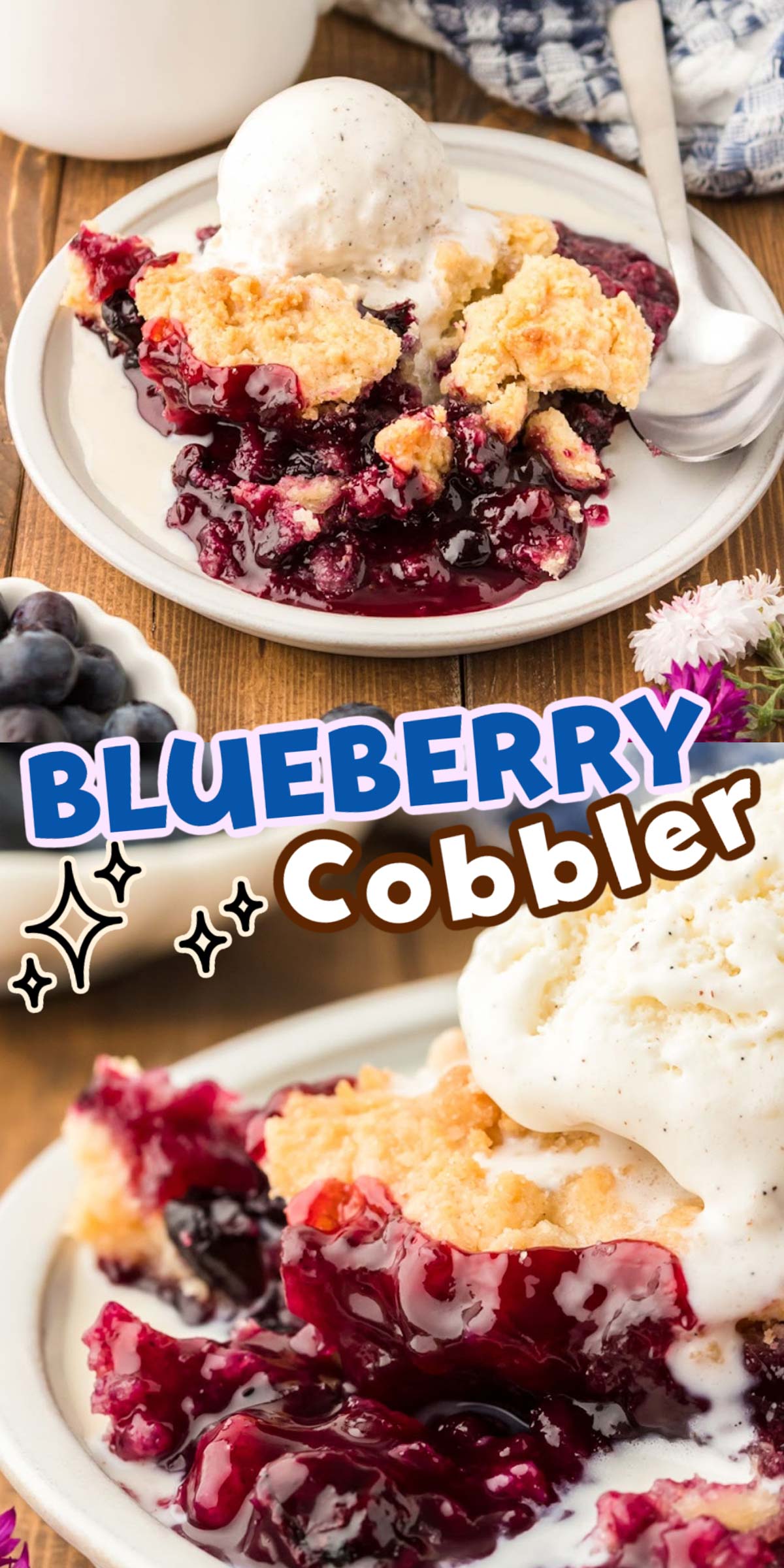 Blueberry Cobbler is a delicious seasonal baked dessert with a juicy blueberry filling and a sweet golden-brown topping that's a cross between a biscuit and a cake! It's pure summer comfort food, and it's absolutely amazing served warm with a scoop of ice cream! via @sugarandsoulco