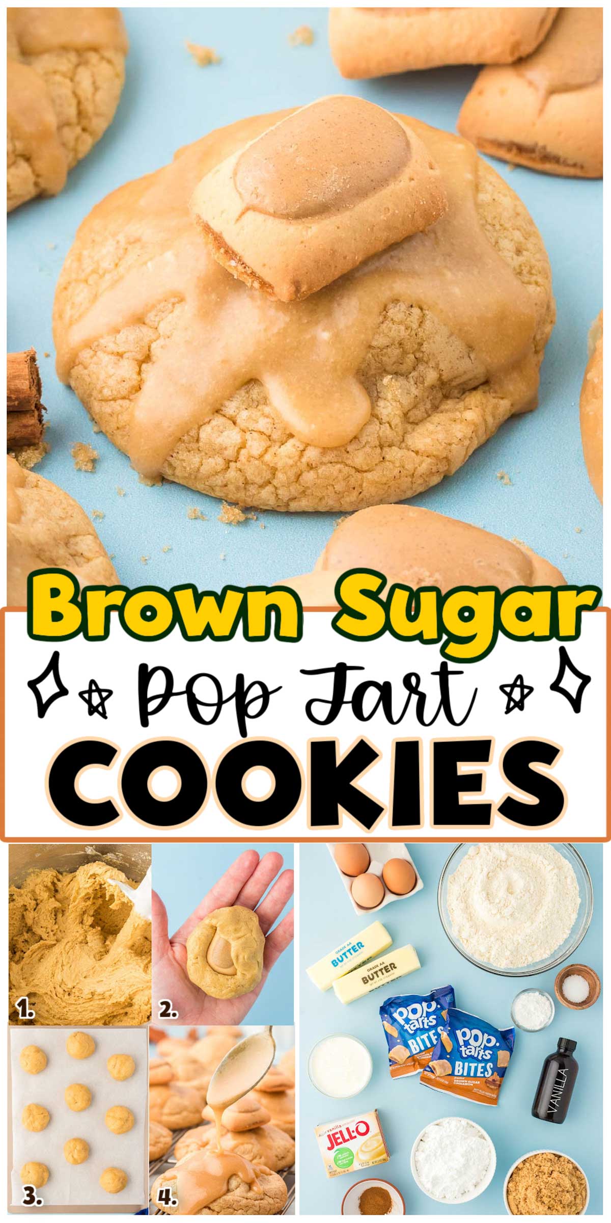 Brown Sugar Cinnamon Pop Tart Cookies are an easy-to-make gourmet-style cookie that's ready to enjoy in 40 minutes using Brown Sugar Cinnamon Pop Tart Bites! via @sugarandsoulco