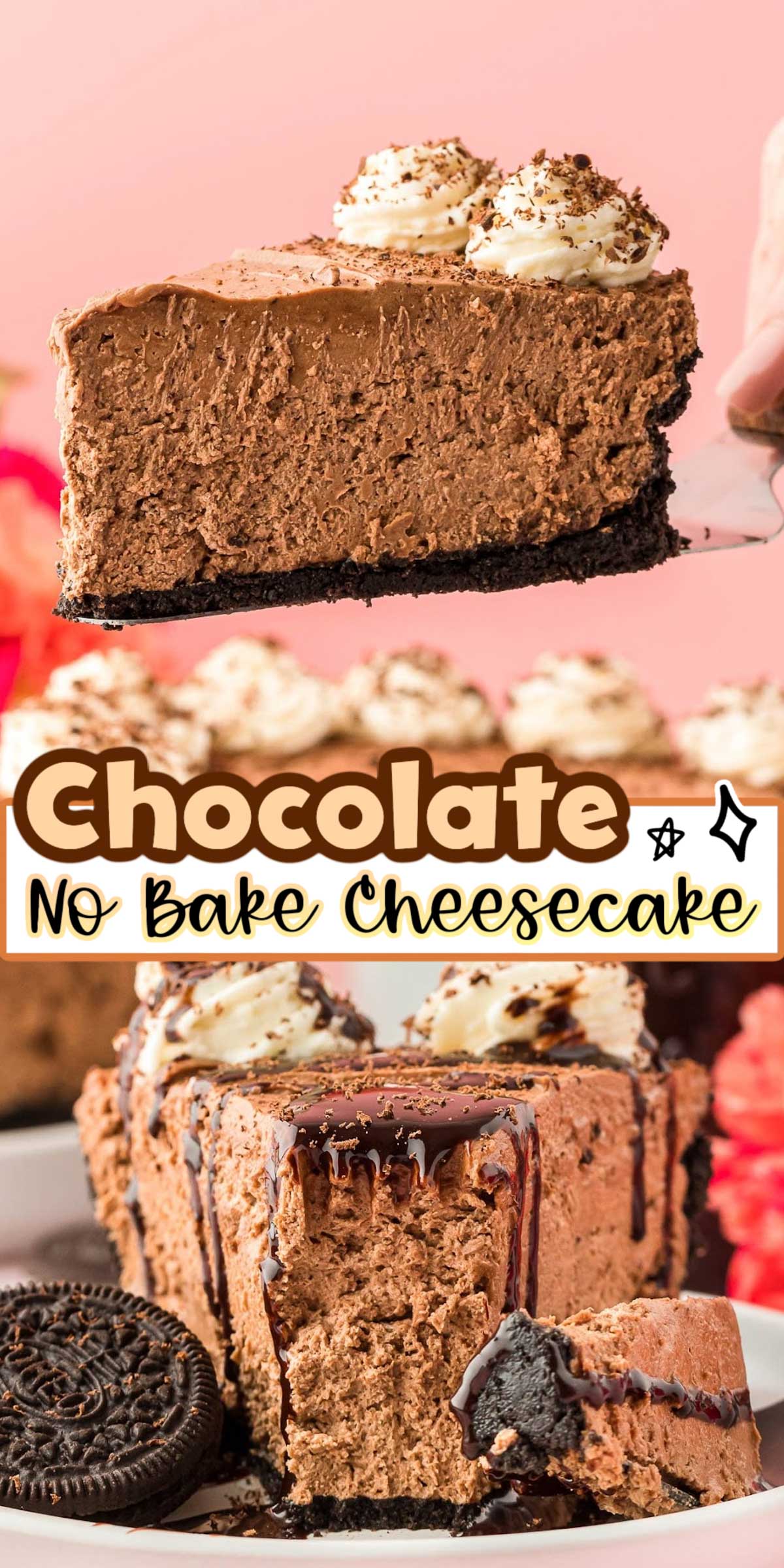 This Easy Chocolate Cheesecake Recipe is a no bake dessert with an Oreo crust that's filled with a deliciously creamy chocolate filling! Finished off with homemade whipped cream, chocolate sauce, and chocolate shavings! via @sugarandsoulco