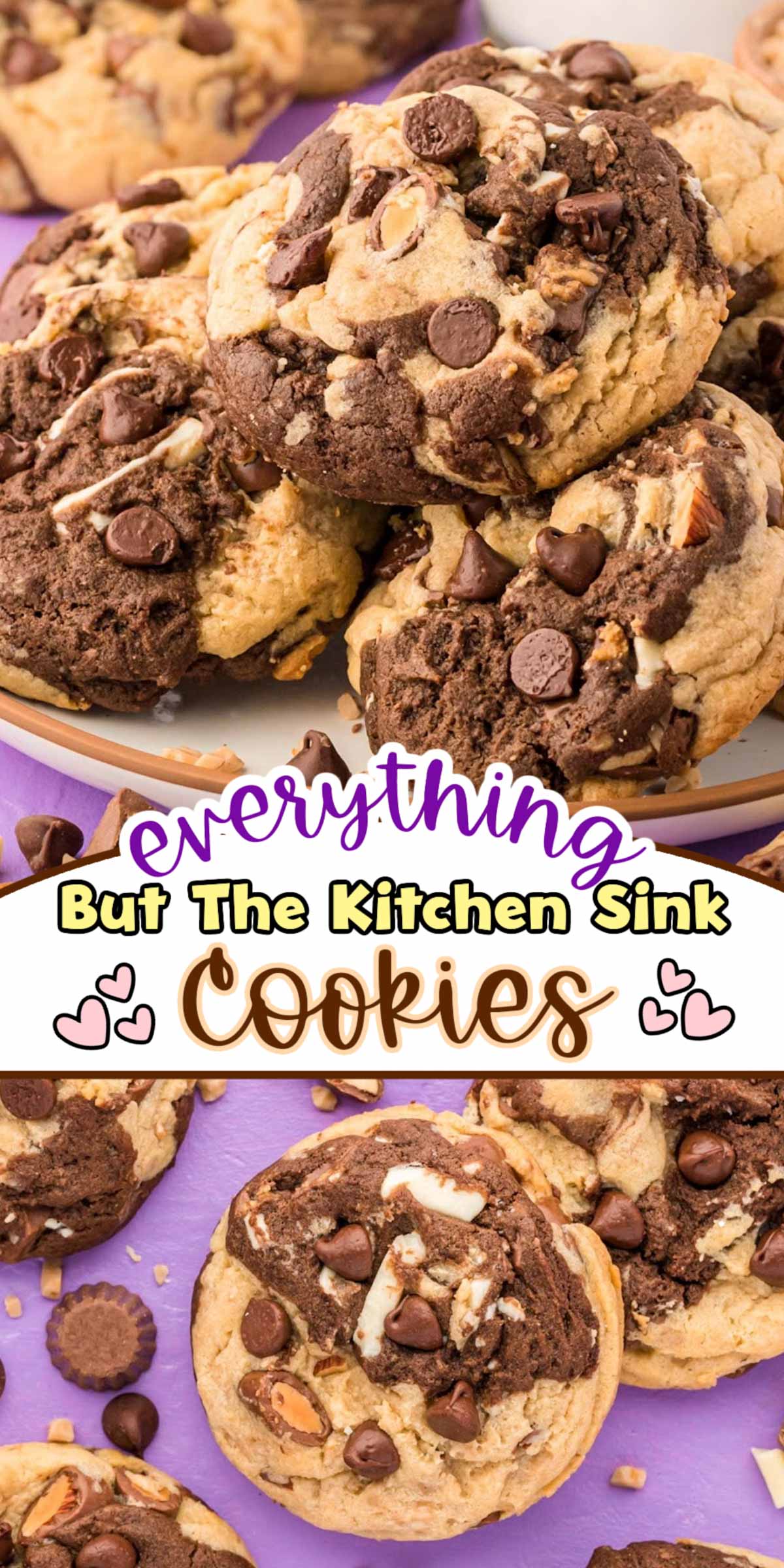 Kitchen Sink Cookies are made with marbled white chocolate and chocolate cookie doughs loaded with peanut butter cups, almonds, toffee, and white chocolate inspired by Ben & Jerry's famous ice cream flavor. via @sugarandsoulco