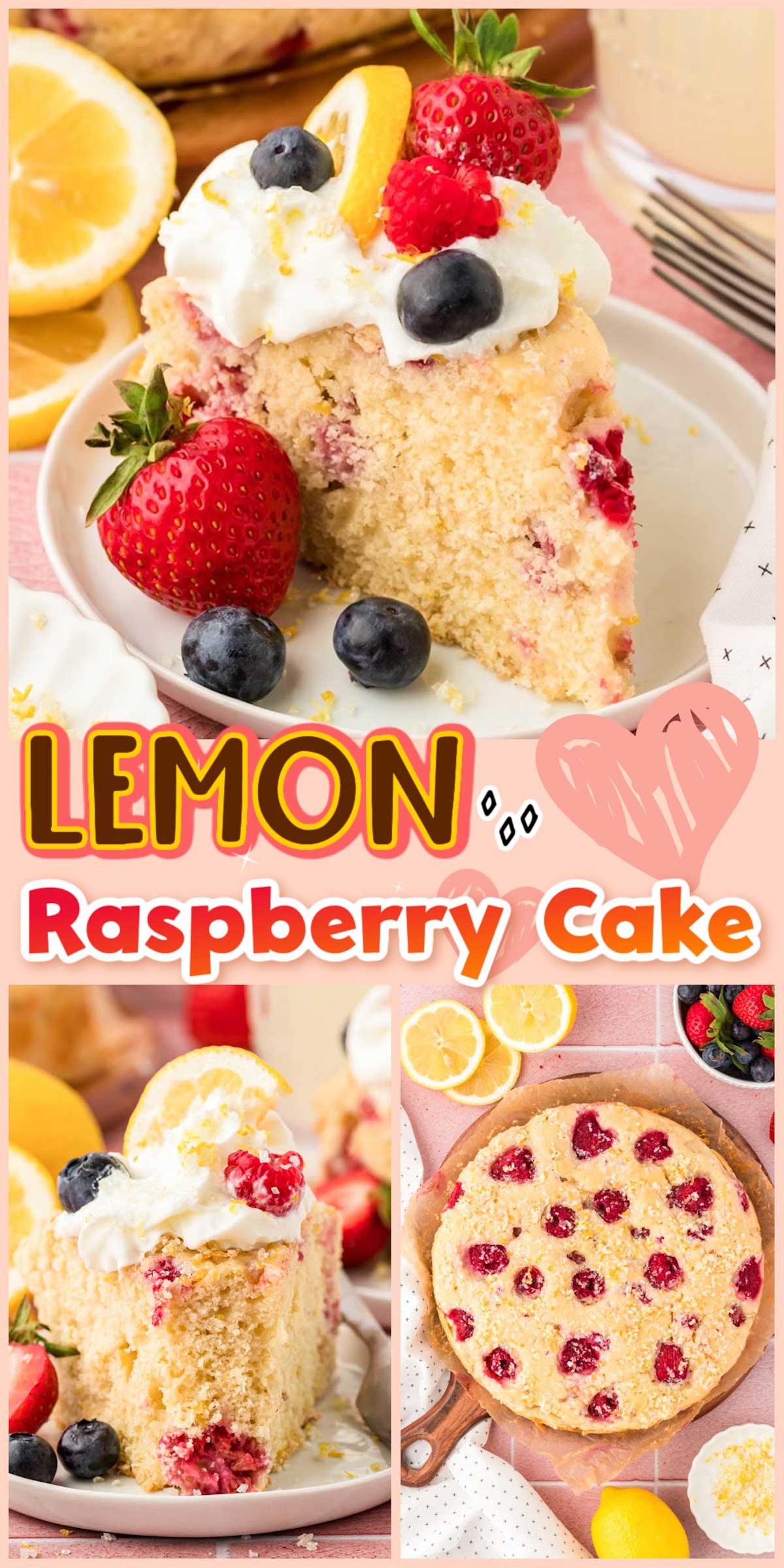 Lemon Raspberry Cake Recipe is an easy-to-make dessert that's made with juicy raspberries and fresh lemon zest, creating a standout flavor! It takes just 15 minutes to prep before sliding it into the oven to bake! via @sugarandsoulco