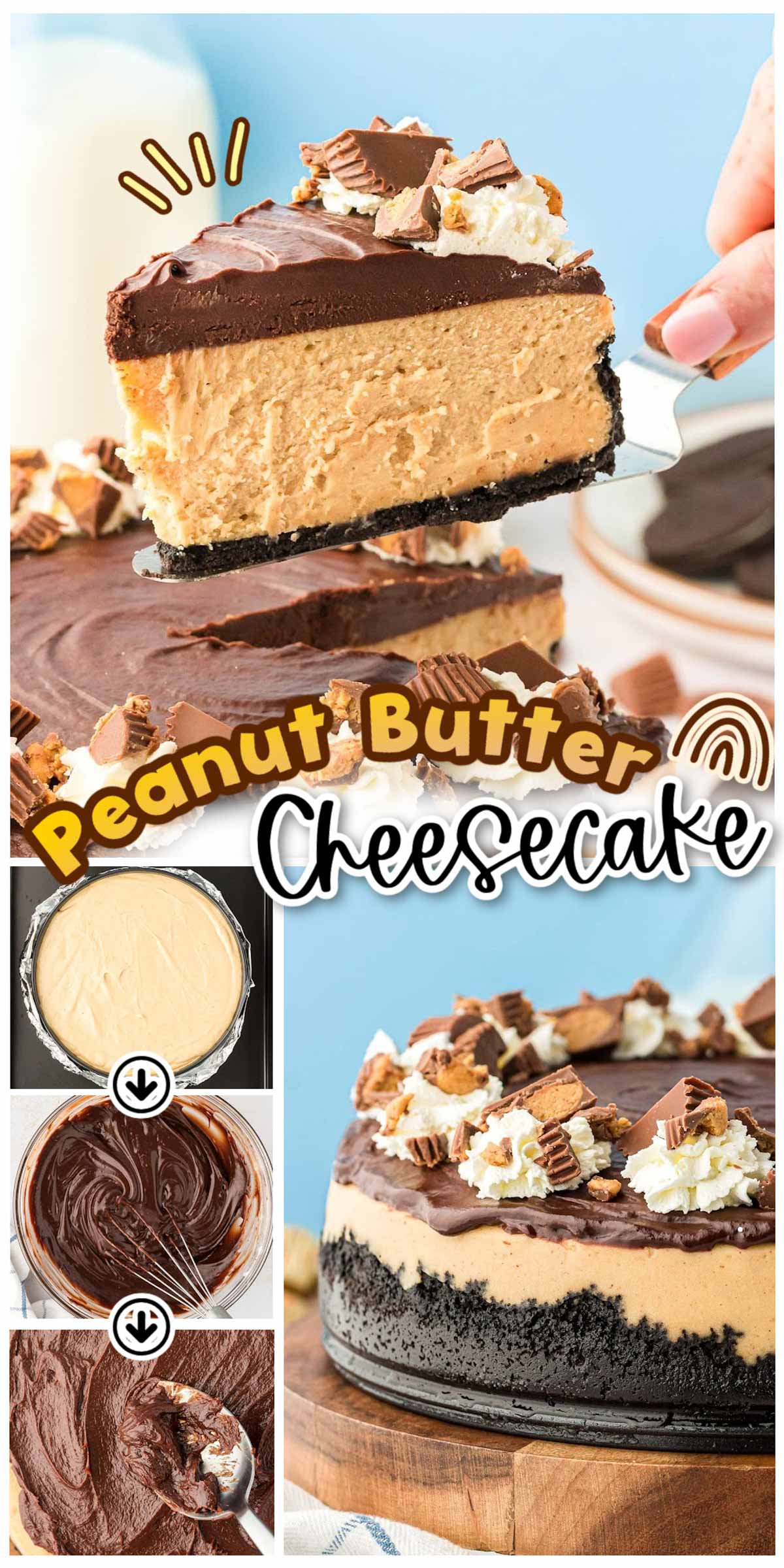 This Peanut Butter Chocolate Cheesecake recipe is a silky, peanut buttery dessert with an Oreo cookie crust and a rich chocolate ganache topping! via @sugarandsoulco