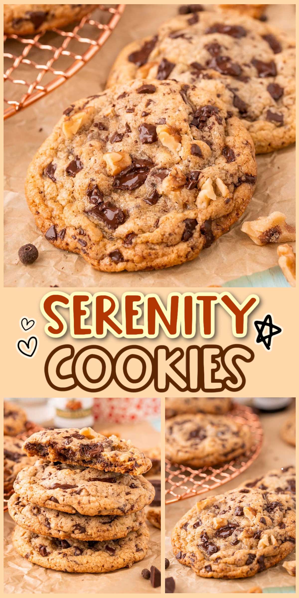 Serenity Cookies inspired by Sweet Magnolias are made with a brown butter dough, dark chocolate, walnuts, allspice, and almond extract for a tender, chewy, and flavorful cookie. via @sugarandsoulco