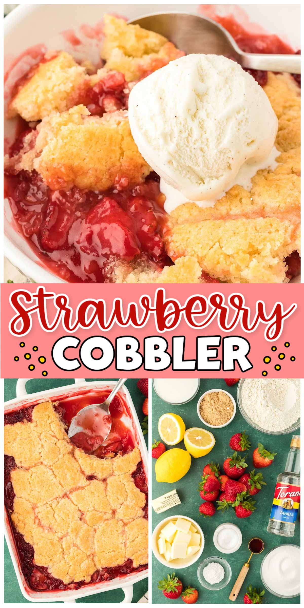Strawberry Cobbler is a classic dessert filled with fruity, seasonal flavor and a golden-brown sweet biscuit-like topping to create an irresistible summertime treat! via @sugarandsoulco