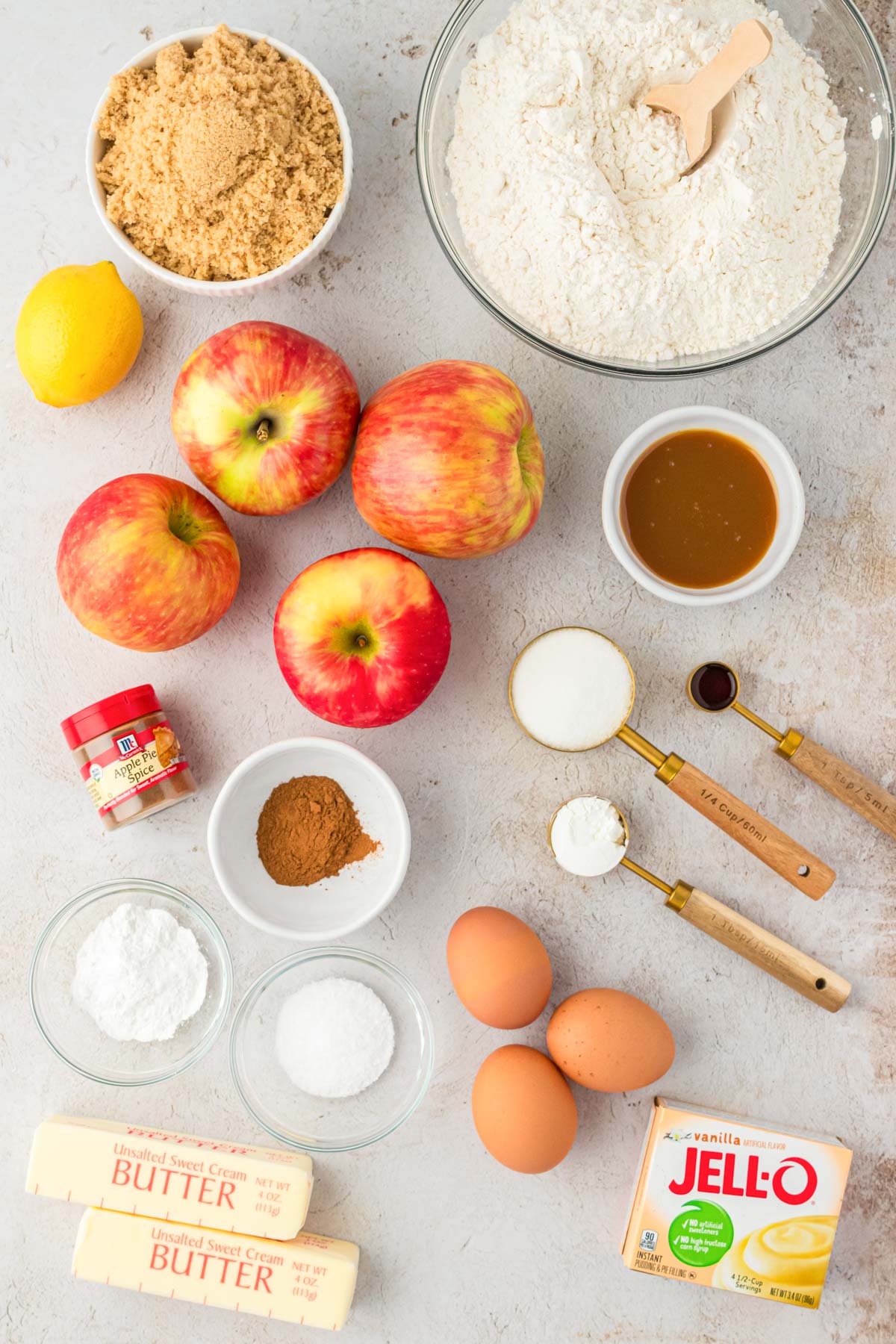Overhead photo of ingredients to make apple pie cookies on a table.