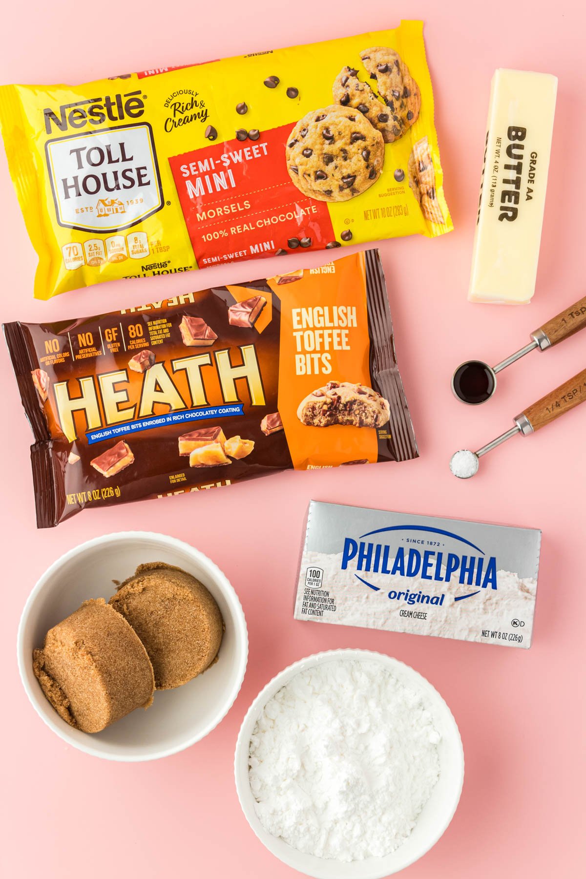 Overhead photo of ingredients to make Cookie Dough Dip on a pink surface.