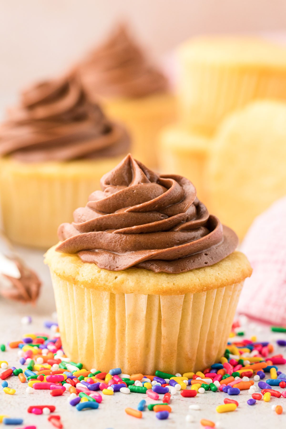 Chocolate Cream Cheese Frosting on a yellow cupcake.