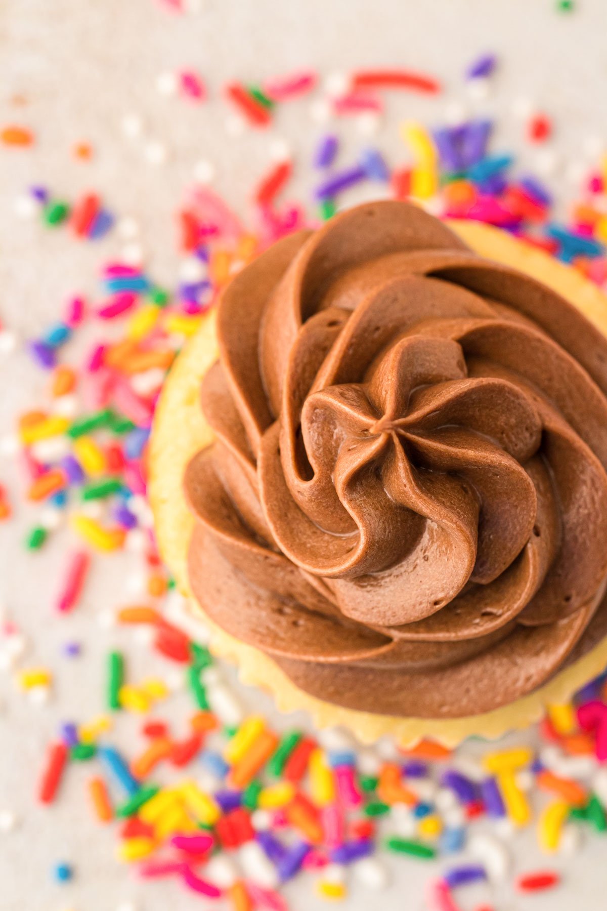 Overhead photo of chocolate cream cheese frosting piped on a cupcake.